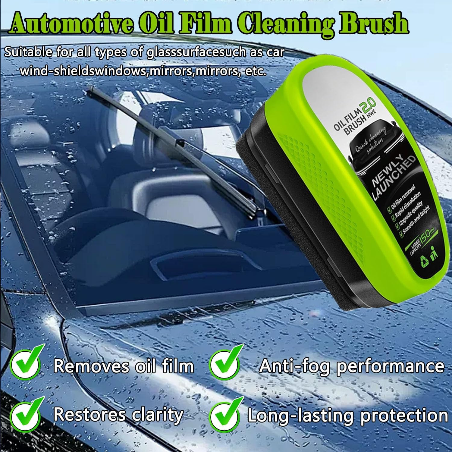 Wakouter Automotive Oil Film Cleaning Brush, 2 Pack 150Ml Automotive Oil Film Cleaning Brush, Car Windscreen Cleaner, for Easily Improve Clarity & Visibility, for Windows & Windshield Washer image number 1