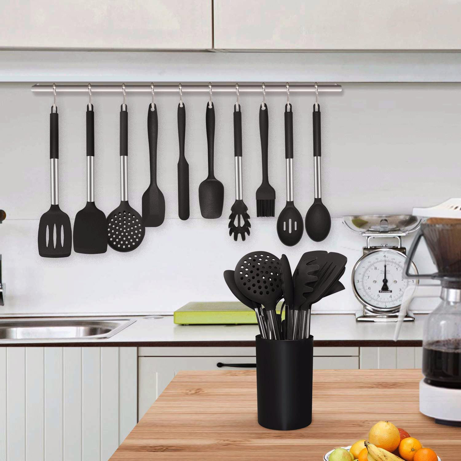 Kitchen Utensils Set, 15 Pcs Silicone Cooking Utensils Set, Non Stick and Heat Resistant Cookware, Cooking Tools with Holder(Black) image number 0