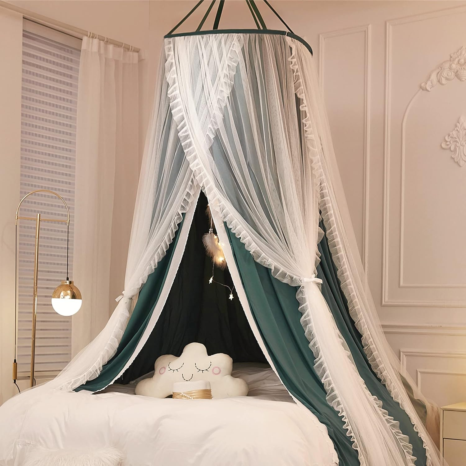 VETHIN Double Layer Princess round Dome Canopy Bed Curtain for Girls Adults,Children Dreamy Mosquito Net,Cute Bedroom Decoration Castle Play Tent Reading Nook Canopies (Dome-White/White)