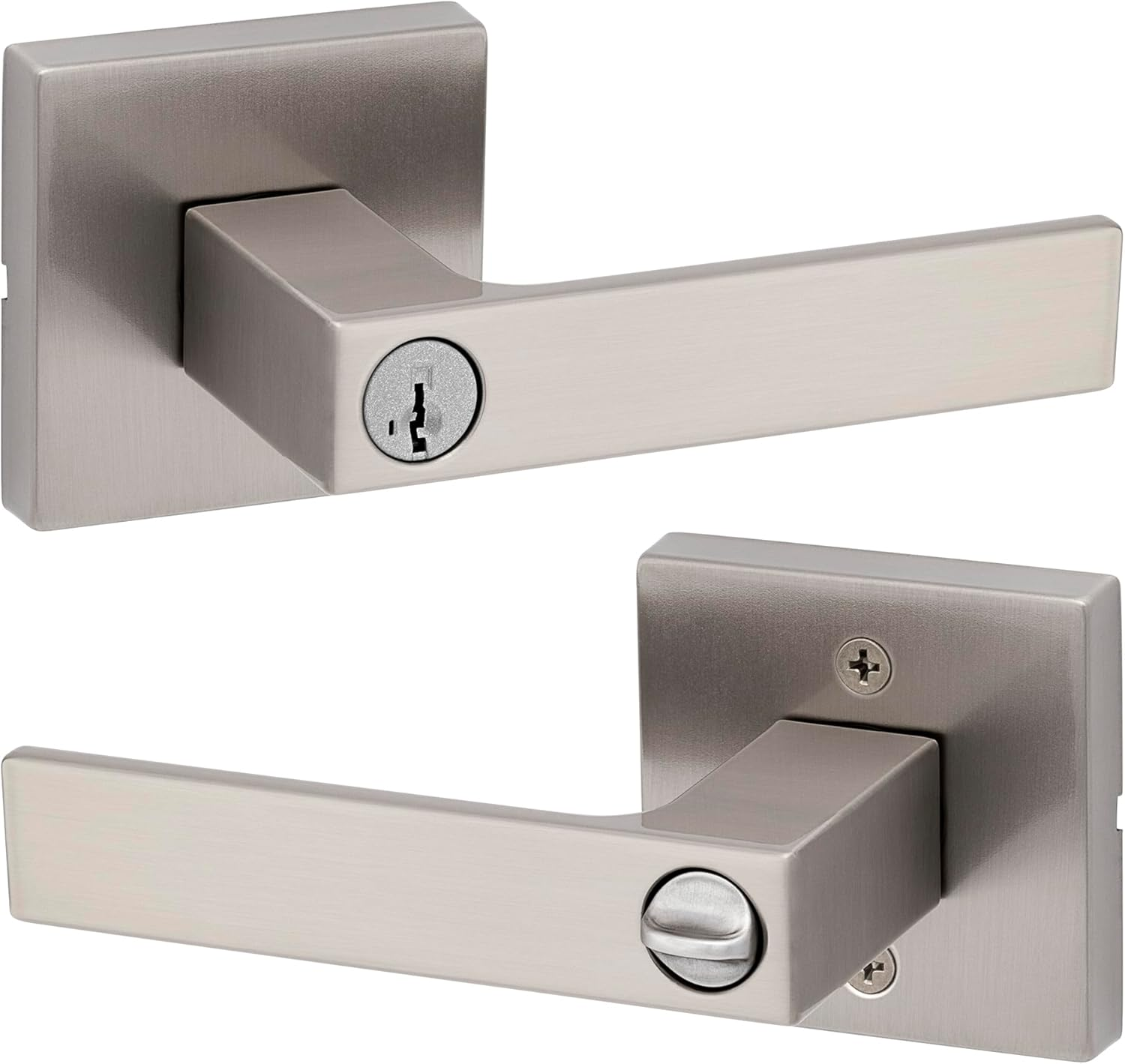 Kwikset Singapore Entry Door Handle with Lock and Key, Secure Keyed Reversible Lever Exterior, for Front Entrance and Bedrooms, Satin Nickel, Pick Resistant Smartkey Rekey Security and Microban