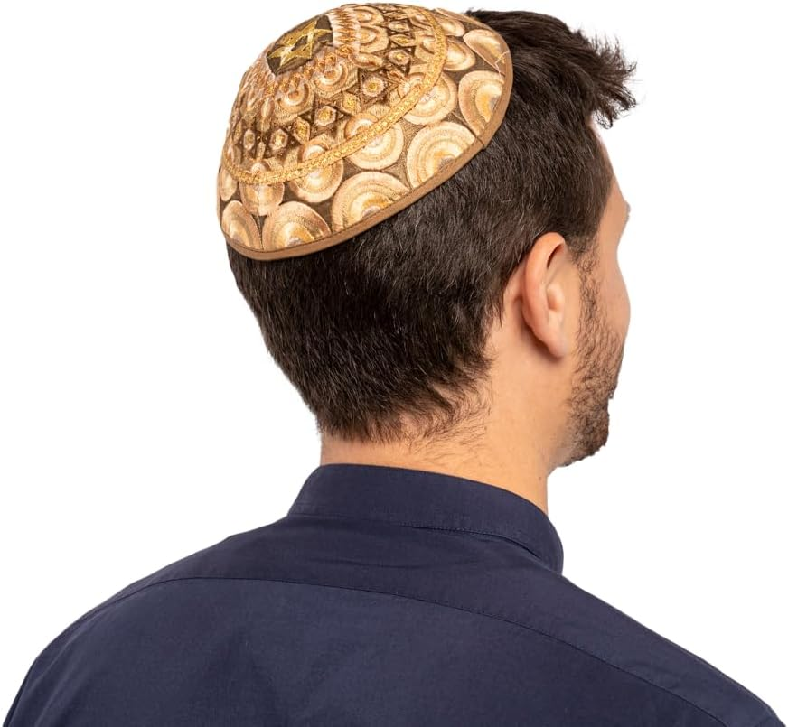 Kippah Yarmulkes & Yemenite Hat - Yair Emanuel Judaica Embroidered Kippah Magen David Rainbow Gold (Bundle) image number 3