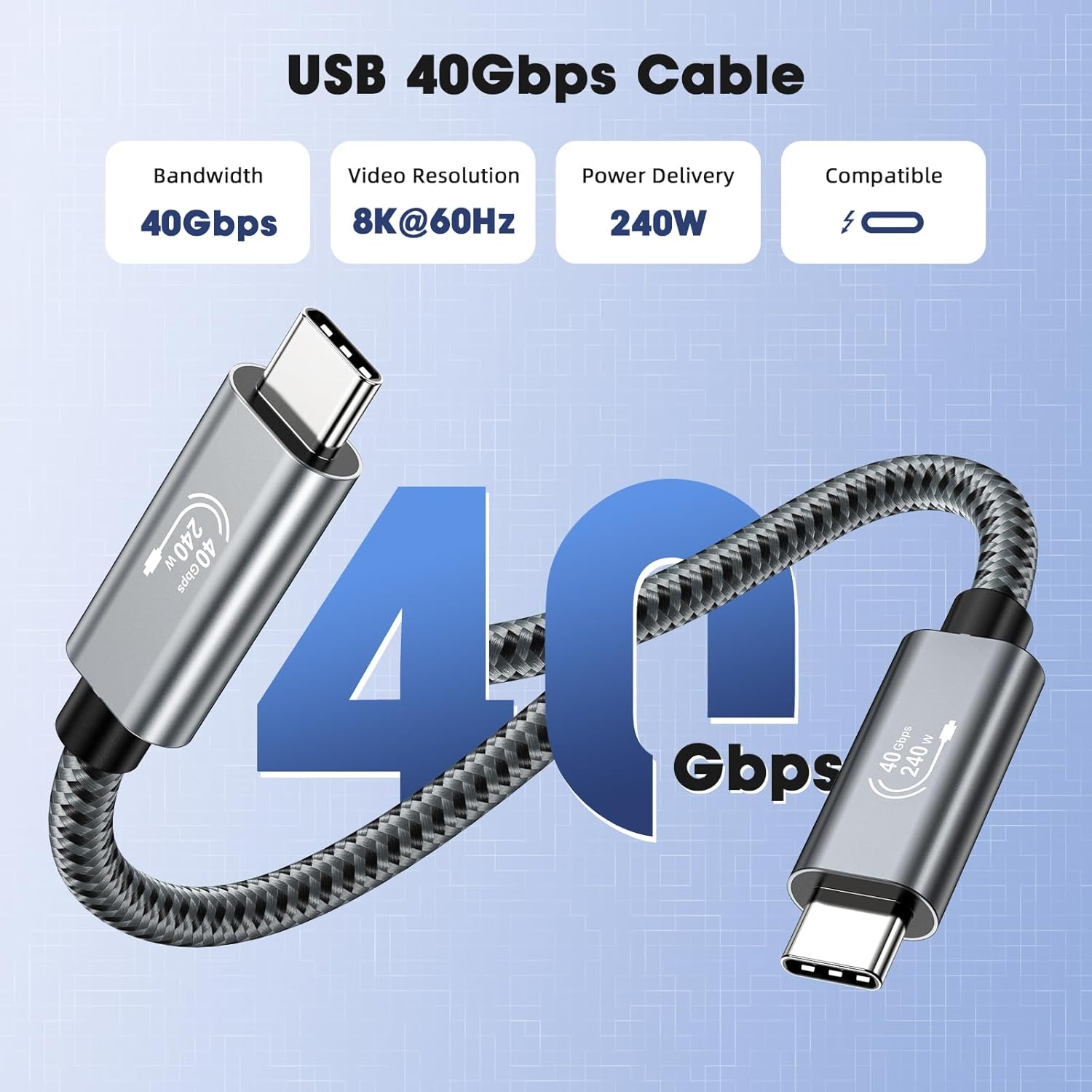 USB C Cable 0.5M, 240W, USB 4 Data Cable, 40Gbps, 8K HD Display, Thunderbolt 4/3 Compatible, Compatible with Iphone 16 15, Macbook, Hub, Docking and More (0.5M) image number 1
