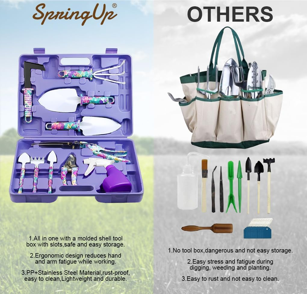Springup Garden Tools Set, 10 Pieces Gardening Gifts Stainless Steel with Storage Case with Garden Trowel Pruners, Rake, Shovel, Trowel, Sprayer, and More -Garden Gifts for Men & Women (Purple) image number 3