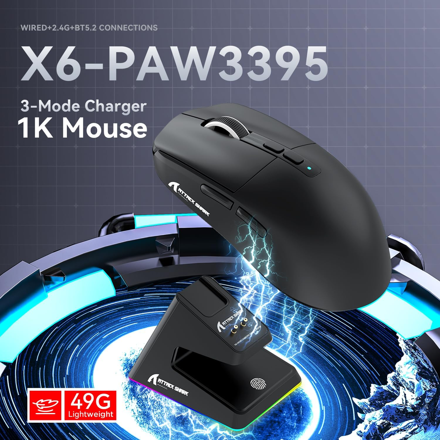 ATTACK SHARK X6 49G Superlight Mouse with Magnetic Charging Dock, Pixart PAW3395 Gaming Sensor, BT/2.4G Wireless/Wired Gaming Mouse, 26000 DPI, X3 Upgraded Office Mice for Win11/Xbox/Ps/Mac (Black) - Black image number 3