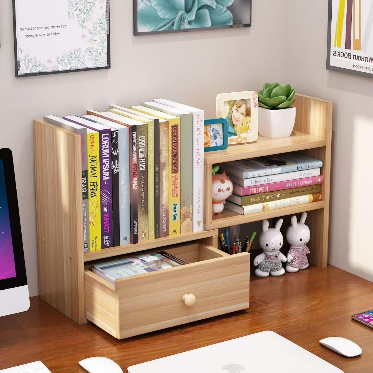 Hbluefat Desktop Organizer Rack with Drawer, Small Adjustable Wood Tabletop Bookshelf/Bookcase, Multipurpose Desk Display Storage Shelf for Home Office (White)