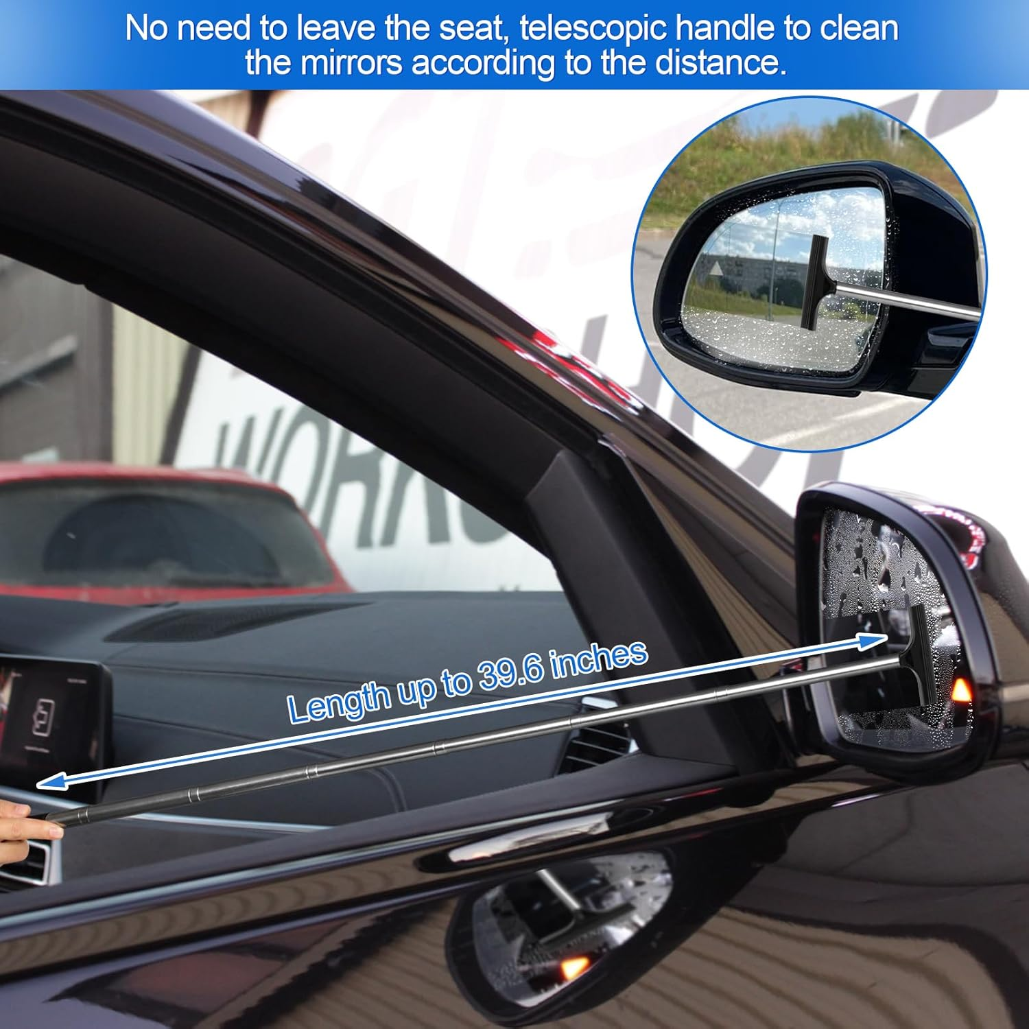 2 Pcs Car Mirror Wiper, 38.6In Handle Car Side Mirror Squeegee, Mini Squeegee for Rainy Foggy Weather image number 5