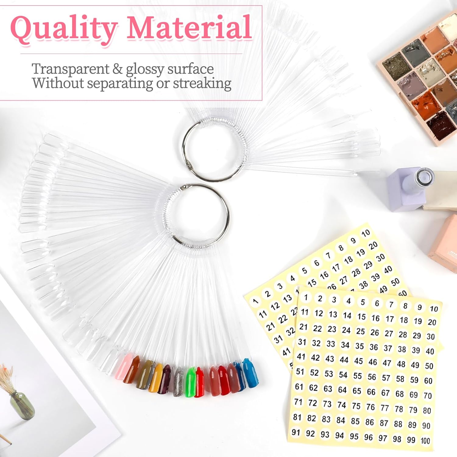 BQAN 100Pcs Nail Swatch Sticks with Ring, Nails Art Display/Practice Sticks for Nail Polish Display Tips