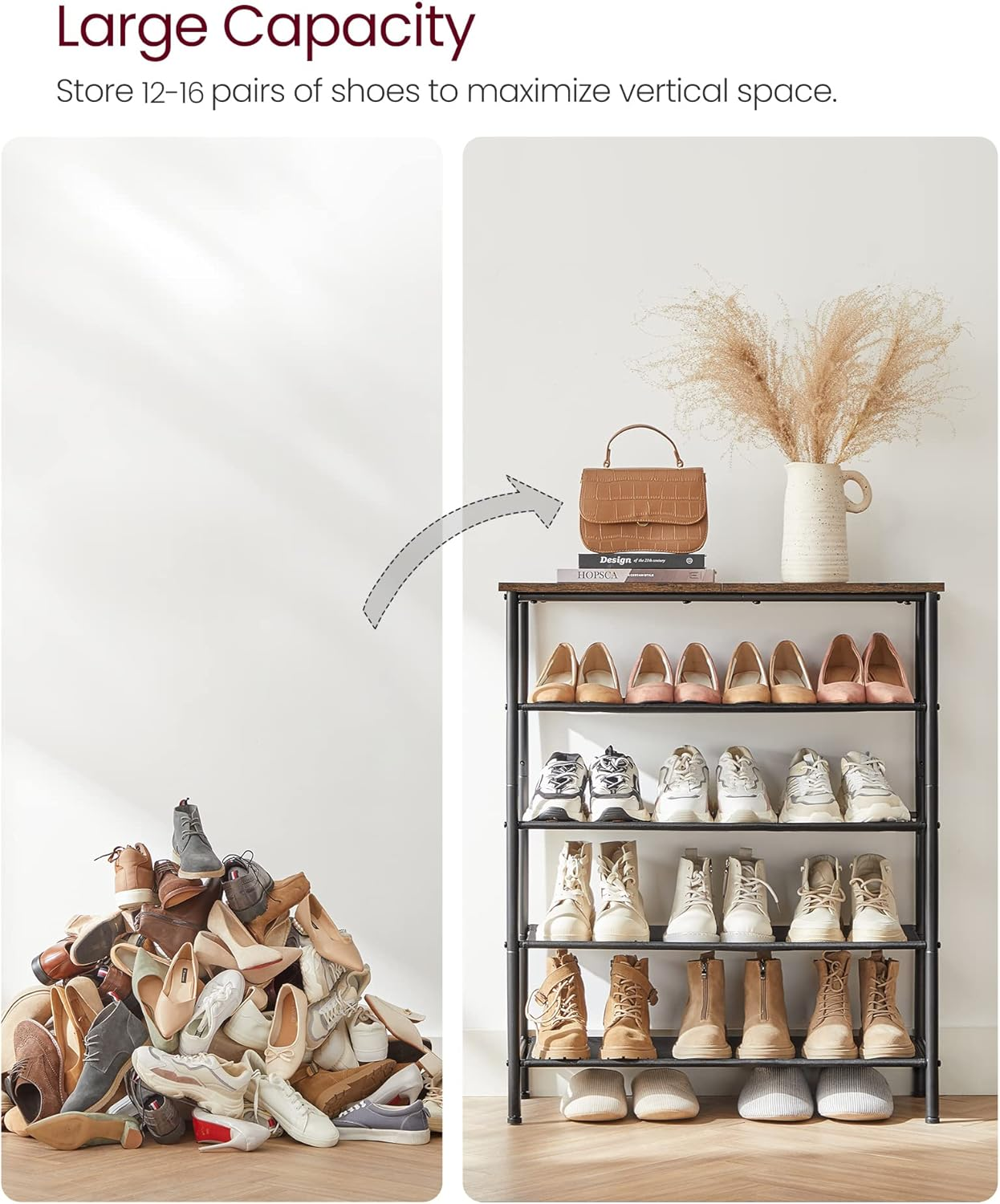 VASAGLE Shoe Rack, 5 Tier Shoe Storage Rack for 12-16 Pairs of Shoes, Shoe Organizer for Entryway, with 4 Fabric Shelves and Wooden Top, Steel Frame, Industrial, Rustic Brown and Black ULBS036B01 image number 4