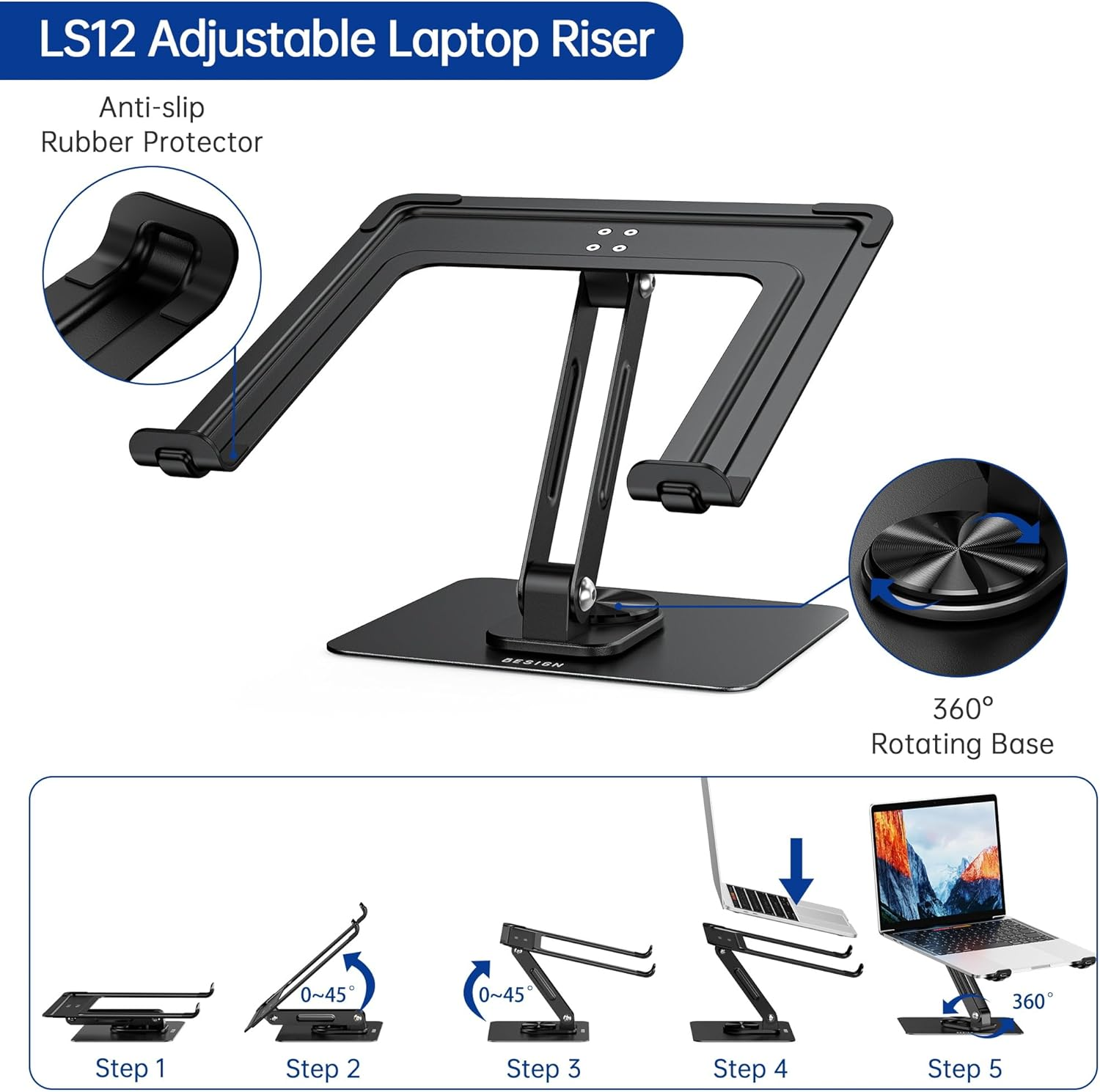 BESIGN LS12 Laptop Stand with 360&deg; Rotating Base, Ergonomic Adjustable Notebook Holder, Riser Holder Computer Stand Compatible with Air, Pro, Dell, HP, Lenovo More 10-14" Laptops (Black) image number 5