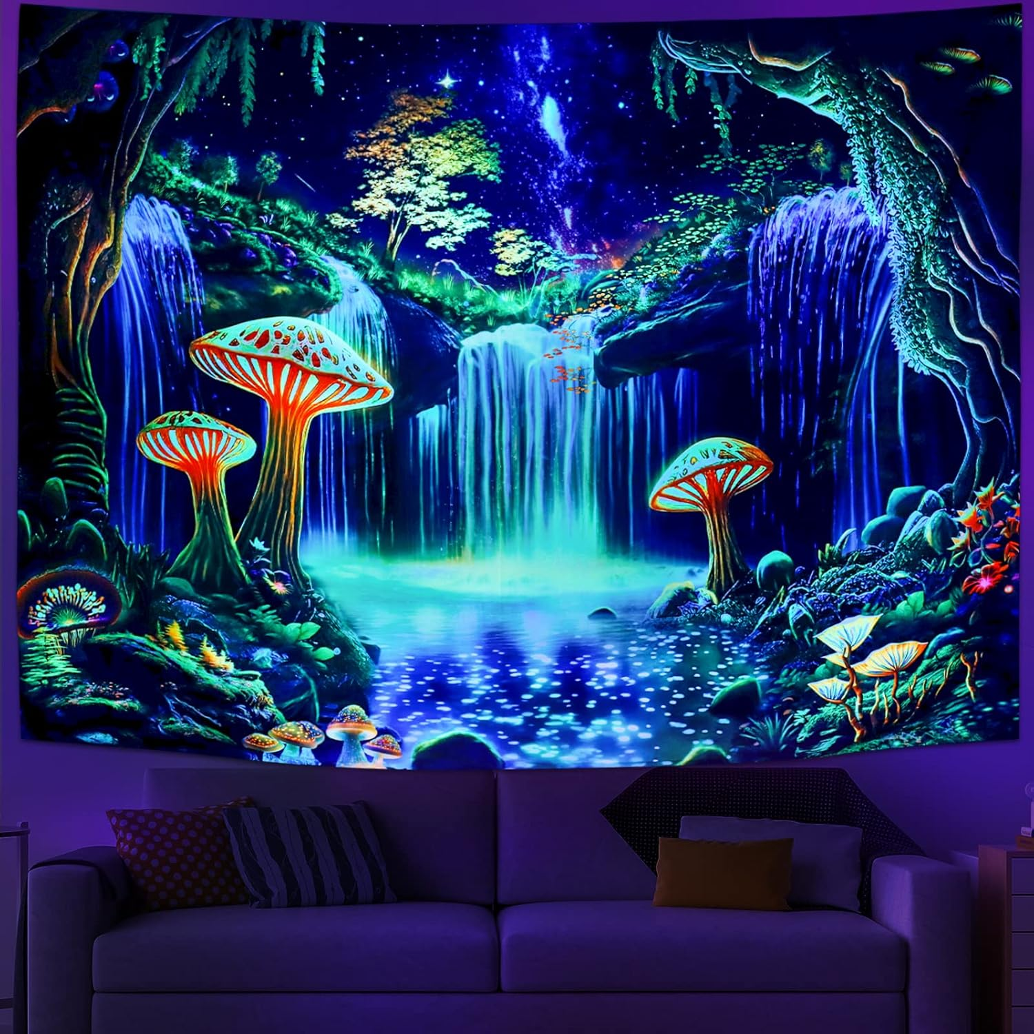 Blacklight Fantasy Forest Tapestry UV Reactive Waterfall Tapestries Starry Sky Tapestry Neon Nature Plant Wall Hanging Decor for Home