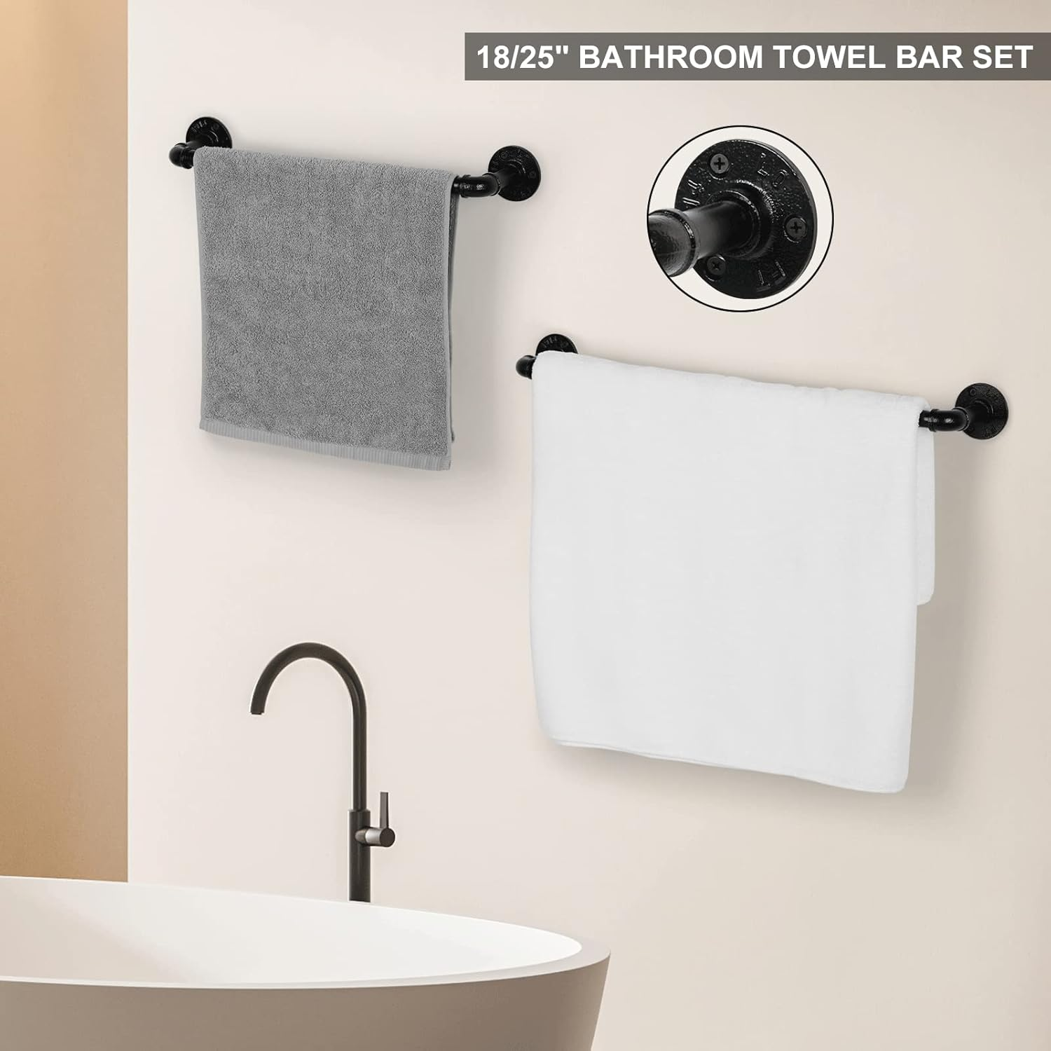 Industrial Bathroom Hardware Set 10 Pieces Bath Towel Bar Set Includes round Towel Ring Hand Toilet Roll Holders for Wall 18 and 25 Inch Towel Rack Robe Towel Hooks Black Bathroom Accessory Towel Kit image number 1