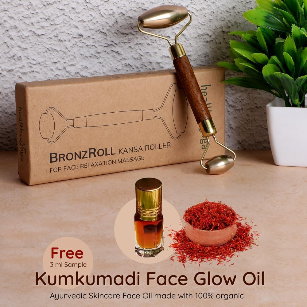 Healthandyoga Bronzroll Kansa Face Roller Fine Wood Grip with Beauty Face Oil - Premium Luster Restoring and Skin Stimulation and Detox Tool - Gentle Soft Tissue Massage Ayurvedic Toning image number 1