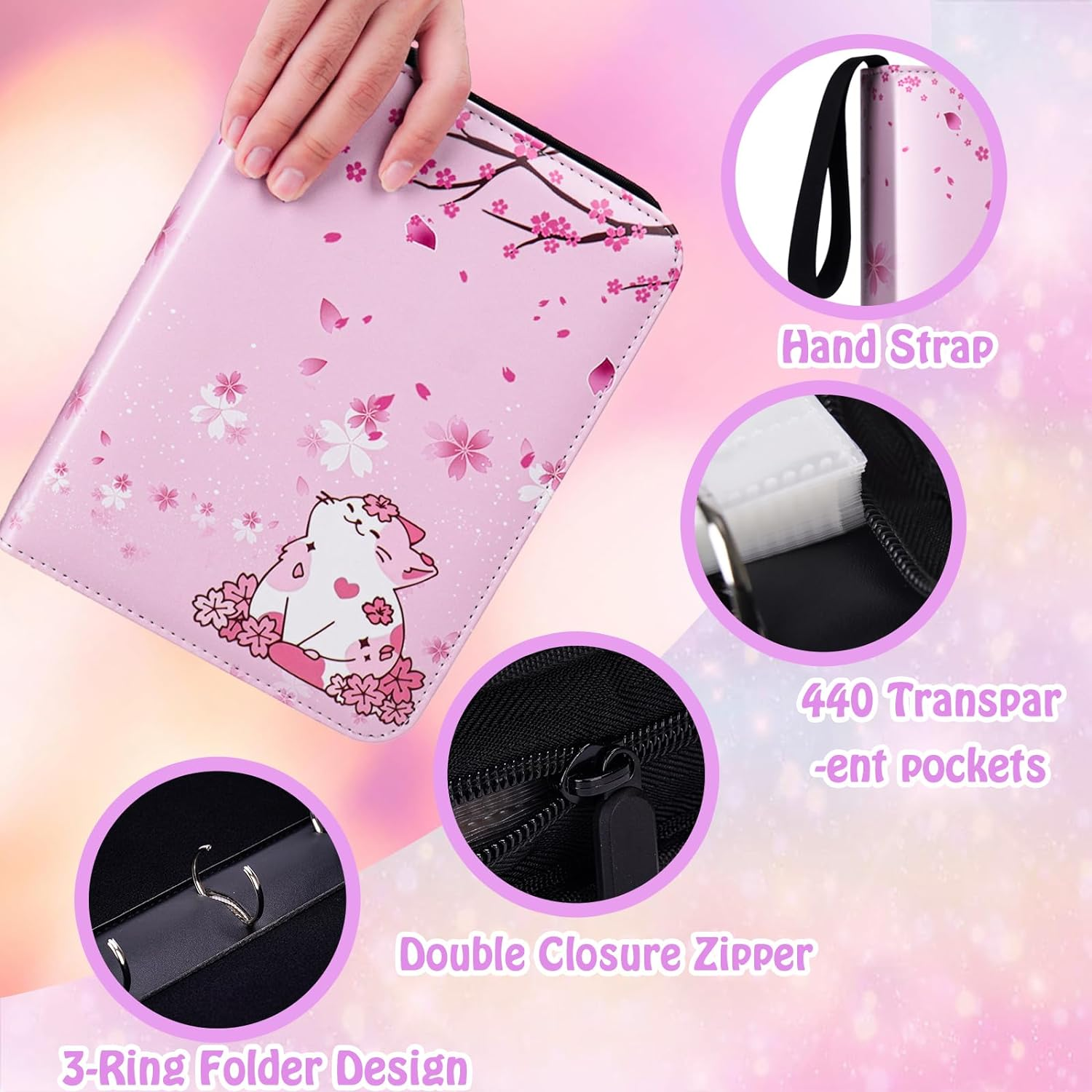 CLOKORIA Card Binder for Girls Gifts,440 Cards Collectible Trading Card Holder Case with 55 Sleeves, 4 Pocket for TCG Game Cards Collection Sports Trading Cards Collector Album (Sakura Cat) - Fish Scales image number 2