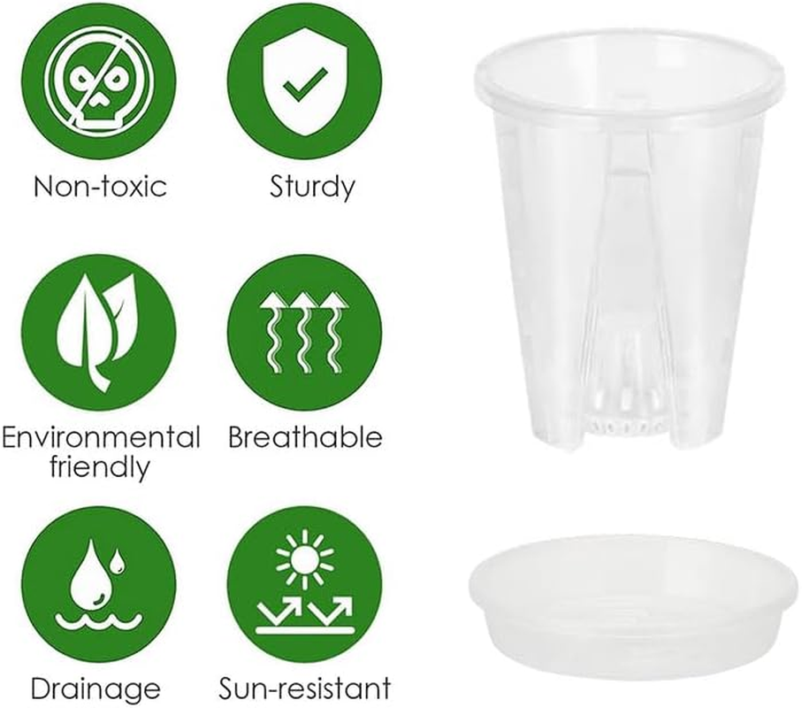 4 Pcs Clear Orchid Pots, 10Cm (3.9 Inch) Small Plastic Pots with Holes and Saucers for Plants, Breathable Slotted Plant Pot with Tray