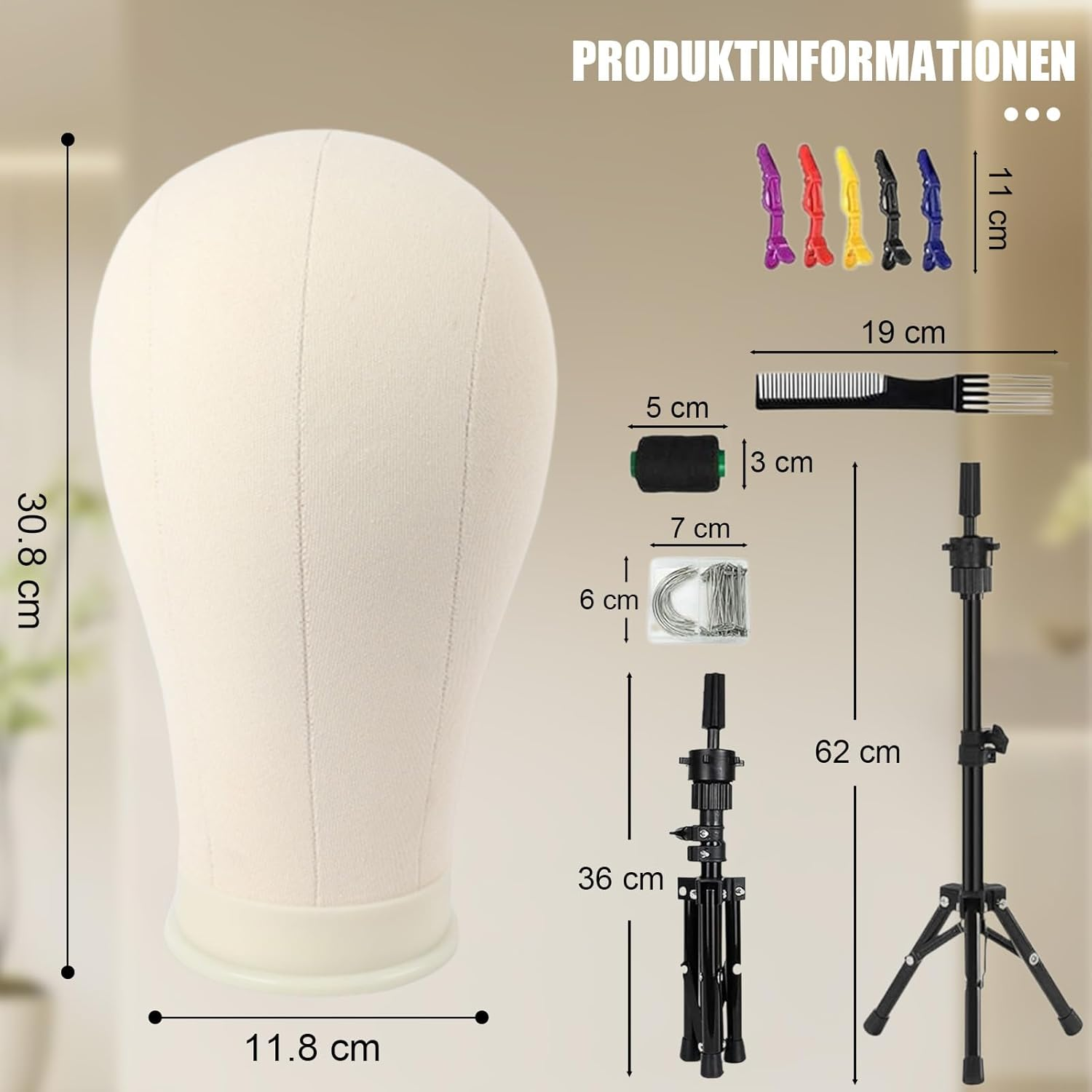 Yuedefly 22 Inch Wig Head, Wig Stand Tripod with Head, Canvas Wig Head, Mannequin Head, Styling Hair Clips, Needles, C Needles, Thread, Lace Wig Caps image number 4