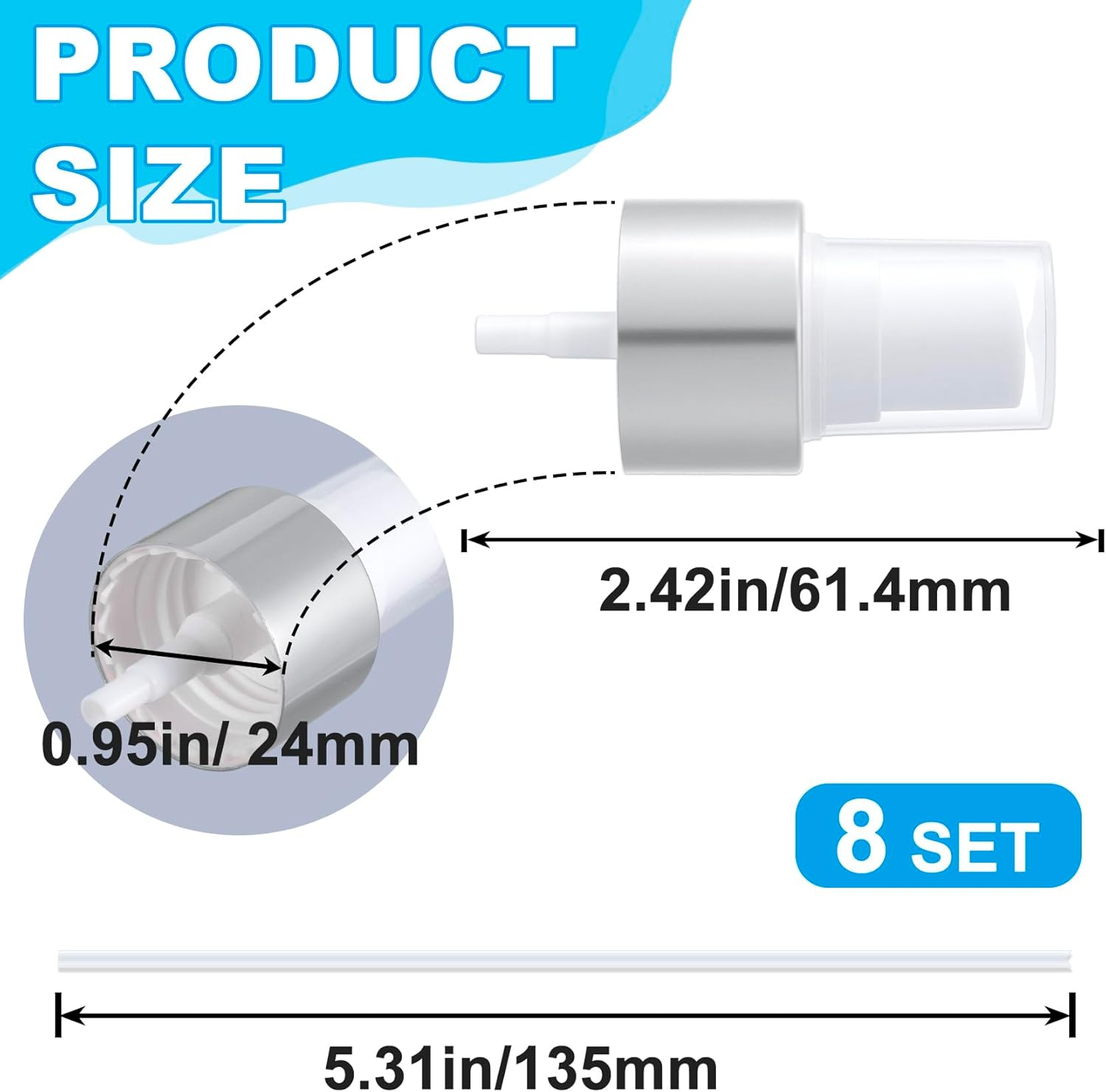 Alpinleux 8 Pcs Spray Bottle Top, 24/410 Fine Mist Sprayer Top, Nozzle Sprayer Tops Replacement, Plastic Fine Mist Sprayer Pump for Essential Oil, Cleaning Solutions (24/410 Cap Size, Silver) - Gold White image number 5