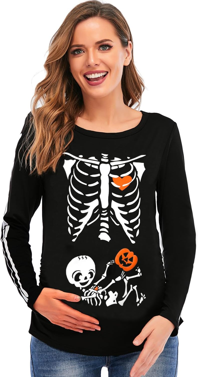 DDSOL Women Halloween Skeleton Maternity Shirt Long Sleeve Pumpkin Skeleton Baby Pregnancy Tops