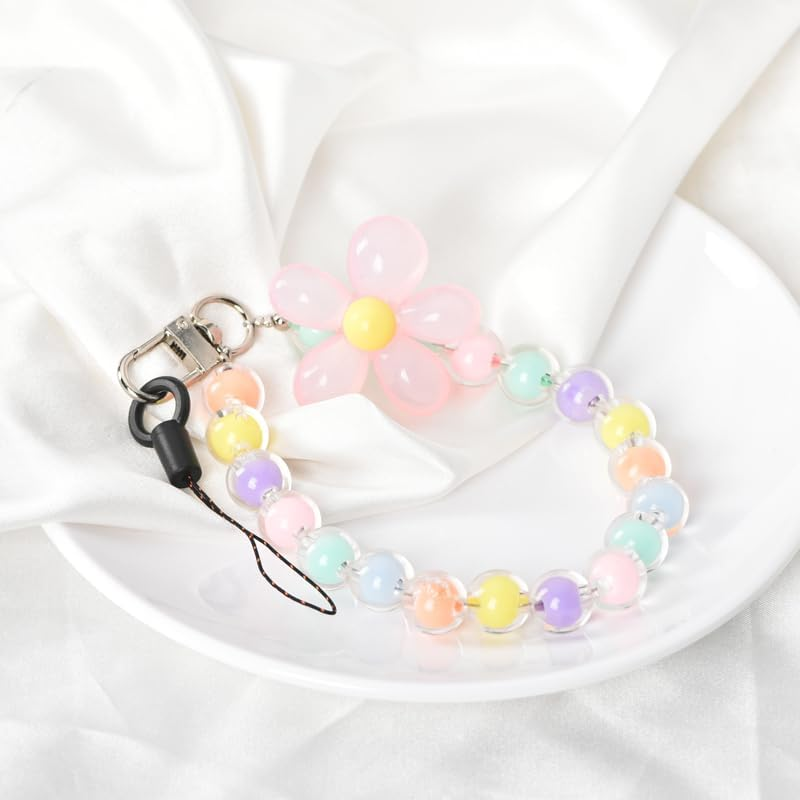 Cell Phone Chain Wrist Strap for Case Keychain - Pink Flower Beaded Lanyard Accessories Bracelet Wristlet for Women Ladies - Birthday Graduation Gifts for Friends - Blue Bracelet image number 2