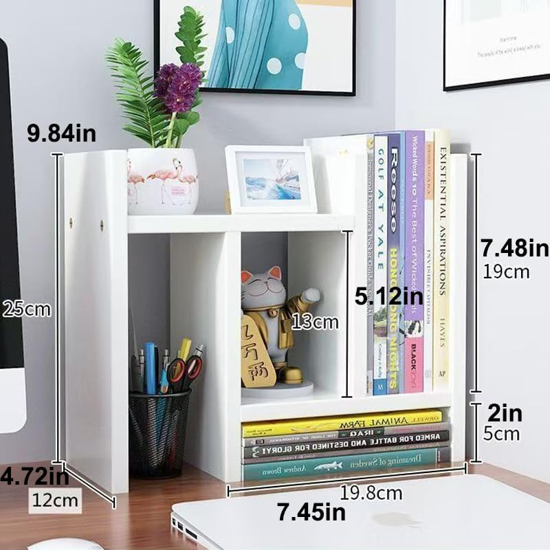 Hbluefat Small Desktop Organizer Bookshelf Bookcase, Mini Adjustable Wood Countertop Rack, Desk Display Storage Shelf for Home Office (White) image number 5