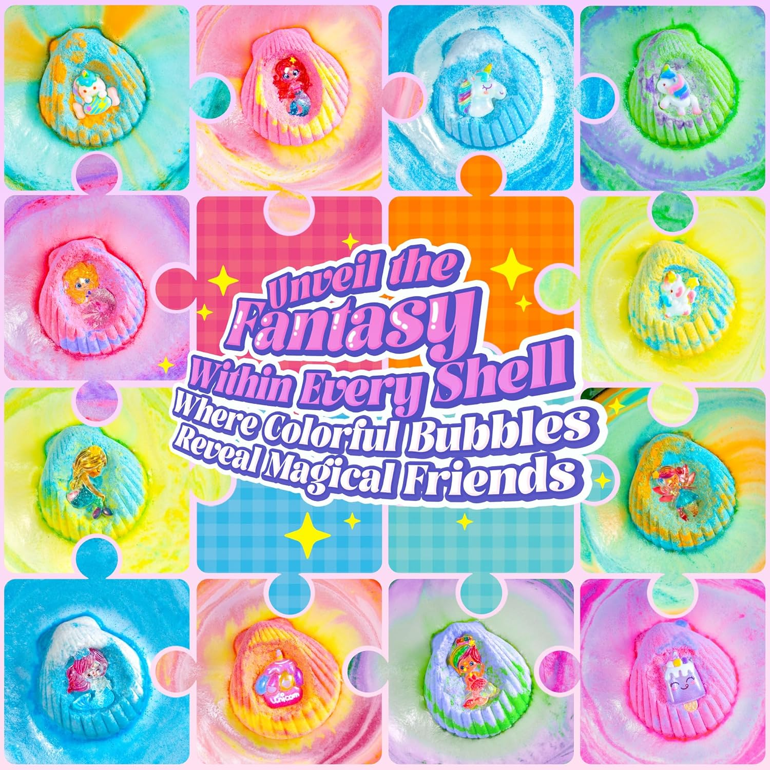 Shell Bath Bombs for Girls &ndash; 12 Pack Child-Safe Aromatherapy Bath Bombs with 20 Surprise Toys Inside, 6 Fruity Scents in 2 Gift Boxes (Mermaid & Unicorn Themes) image number 3