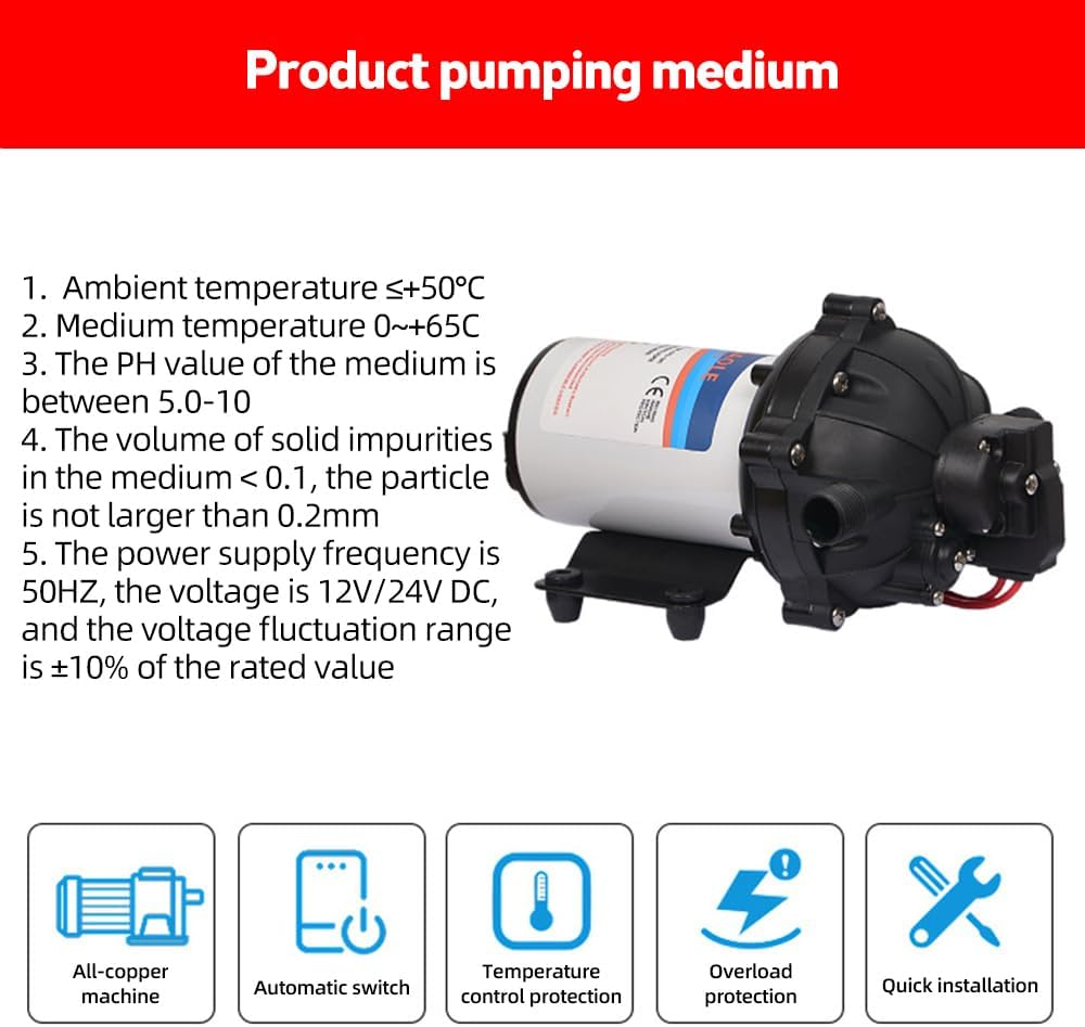 12V Water Pressure Diaphragm Pump 5-Chamber Self-Priming Pump 5.5GPM Water Transfer Pump 70PSI with Water Strainer Hose Fittings for Kitchen Bathroom RV Caravan Yacht Agriculture Garden Hose 12V image number 6
