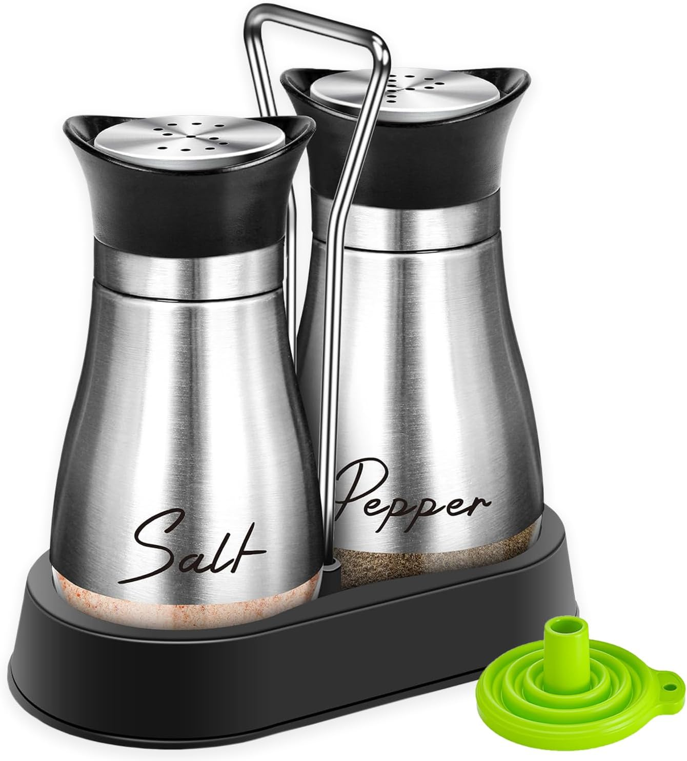 UDQYQ Salt and Pepper Shakers Set with Holder,Cruet Sets Stainless Steel Salt and Pepper with Glass Bottom,Refillable Salt Shaker Kitchen Gadgets for Counter Modern Decor Table (Black + White)