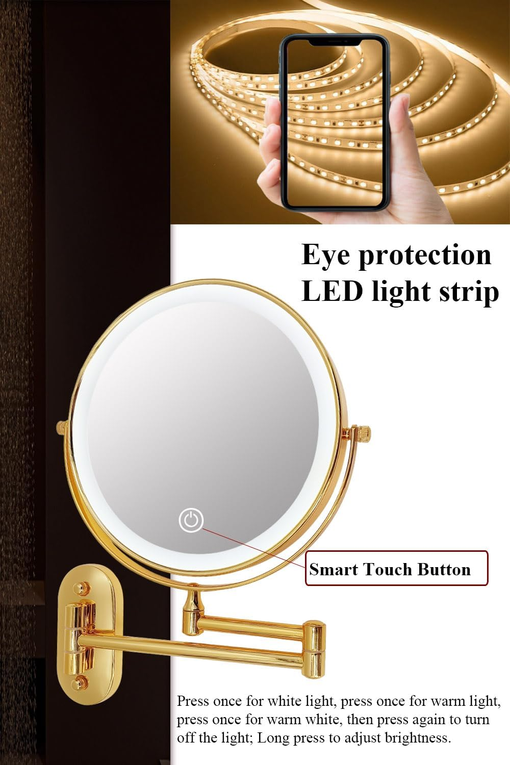 9" Magnifying Mirror with LED Lights Bathroom Large Illuminated Wall Mounted Vanity Mirror for Makeup Shaving (With LED Lights,Bright Luxury Gold 7X Magnification) image number 5