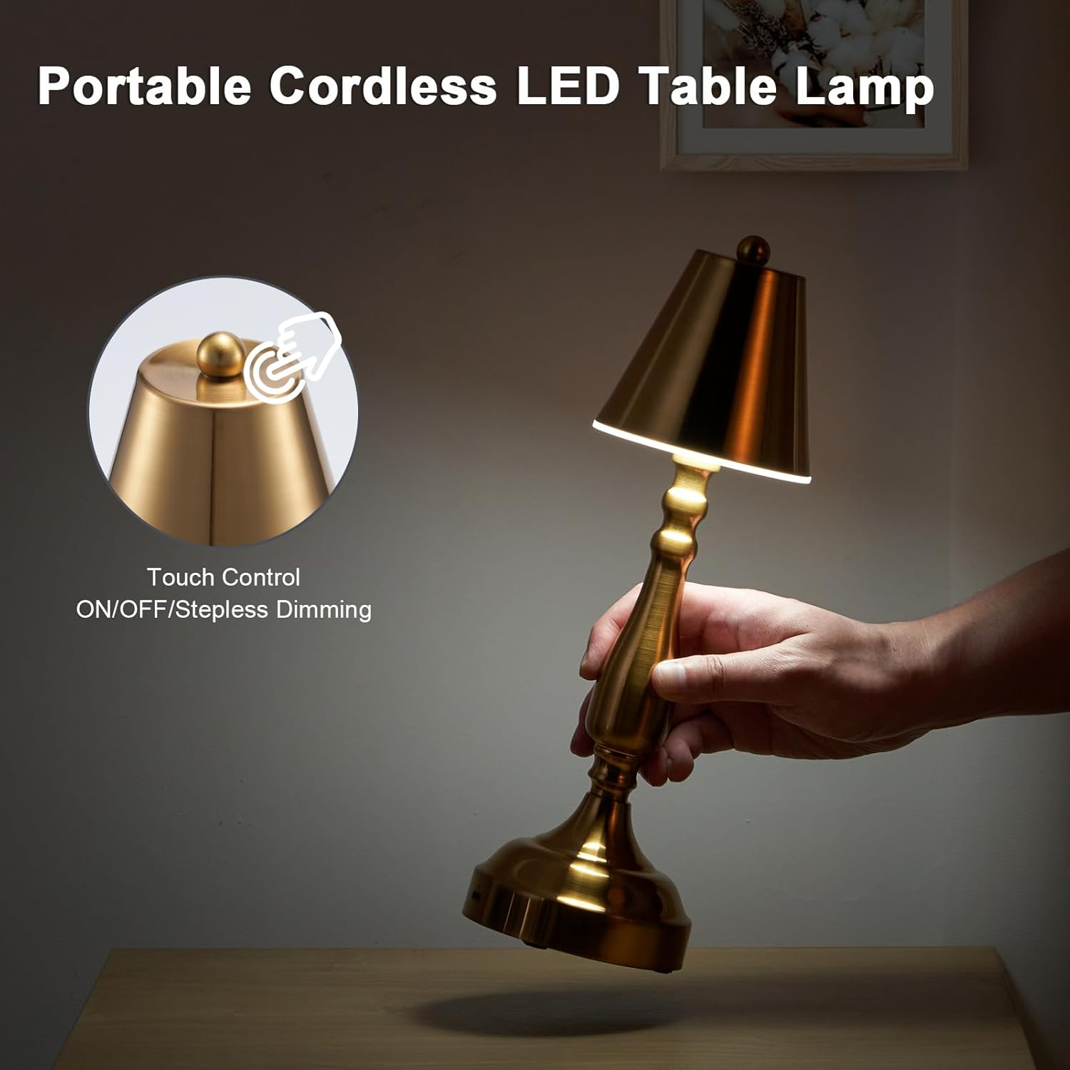 Rechargeable Cordless Table Lamp for Restaurant Dinner Table, 5000Mah Battery Operated Lights, Small Portable 3 Color Stepless Dimming Touch Lamp for Bedroom Kitchen Dining Room Outdoor Patio, Brass image number 5