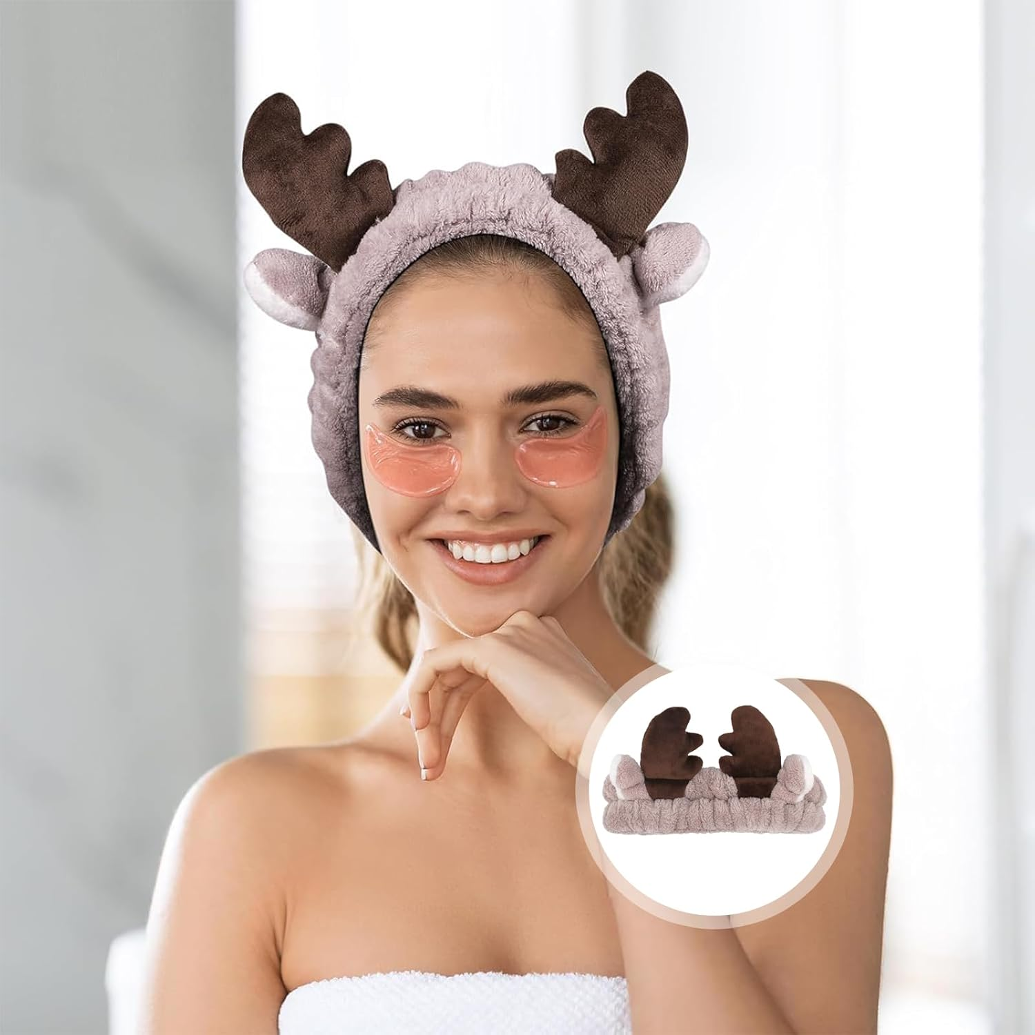 Pack of 2 Hair Bands, Cosmetics, Coral Fleece Makeup Hair Bands, Elastic, Cosmetic Headband, Wide Brim, Coral Fleece, Washing Face Head Wrap for Shower, Skin Care, Make-Up, Sports (White + Coffee) image number 2