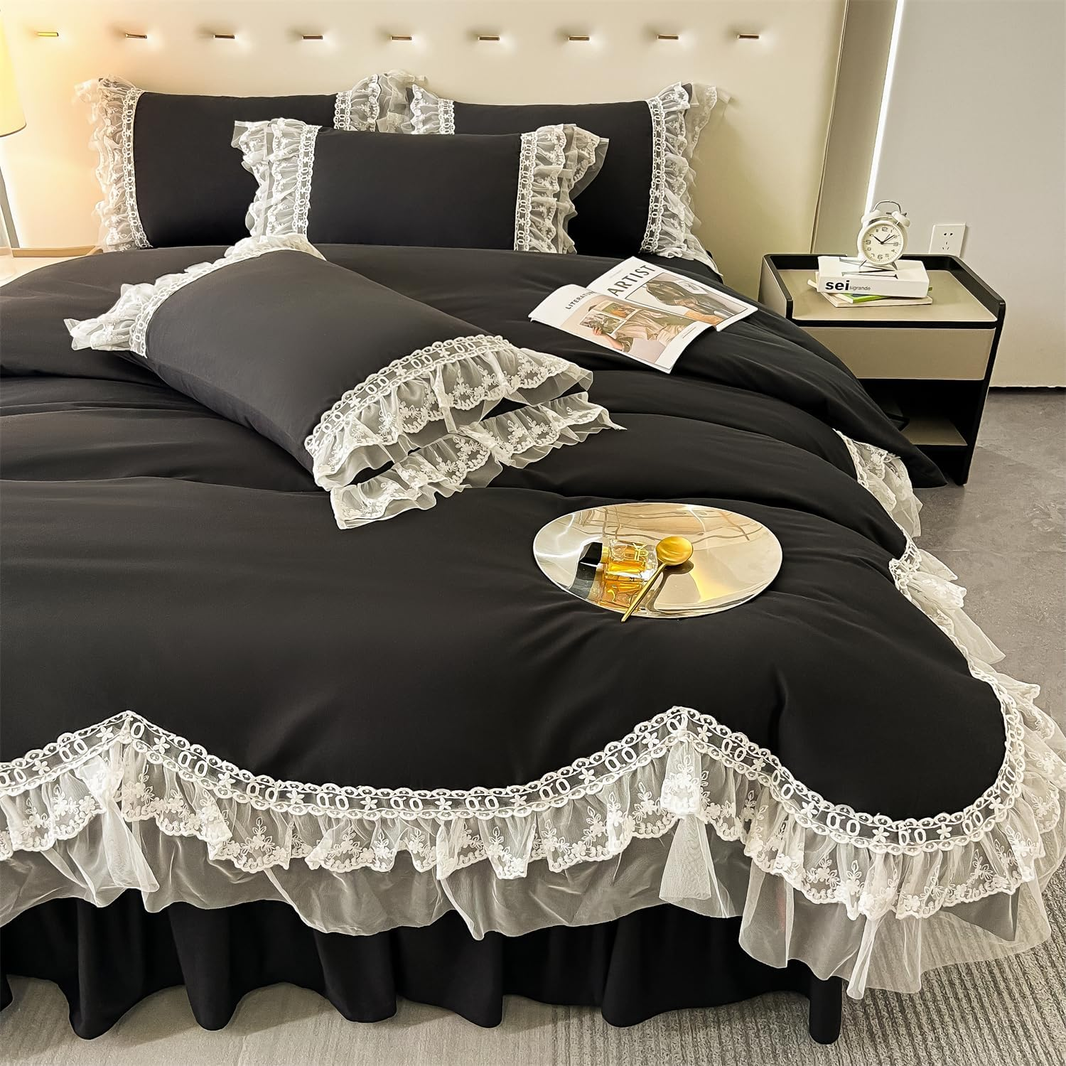 MOOWOO Chic Ruffle Lace Polyester Duvet Cover Set -Girl Black Bedding-3 Piece Queen Duvet Cover with Zipper Closure -Ultra Soft and Light Weight (Black,Full)