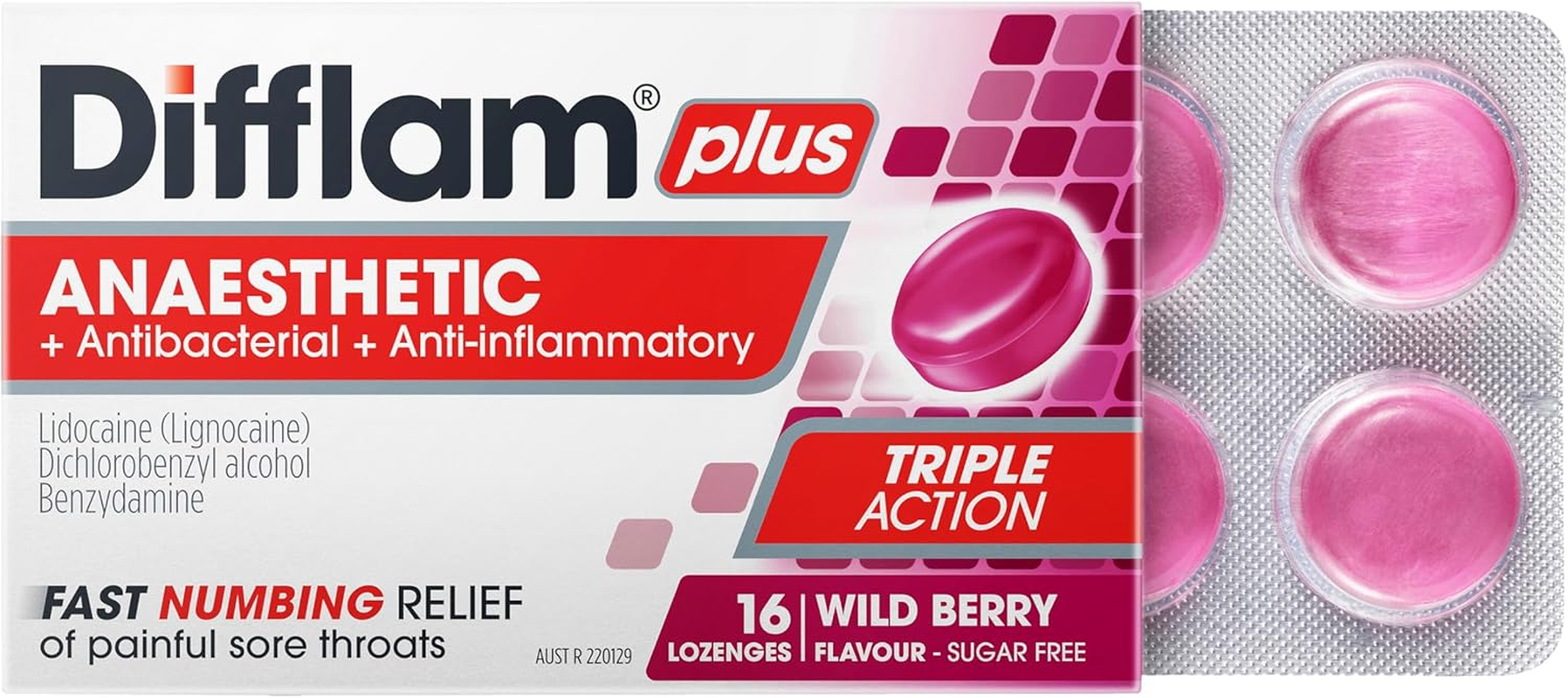 Difflam plus Anaesthetic Sore Throat Lozenges, Berry, 16 Count (Pack of 2)