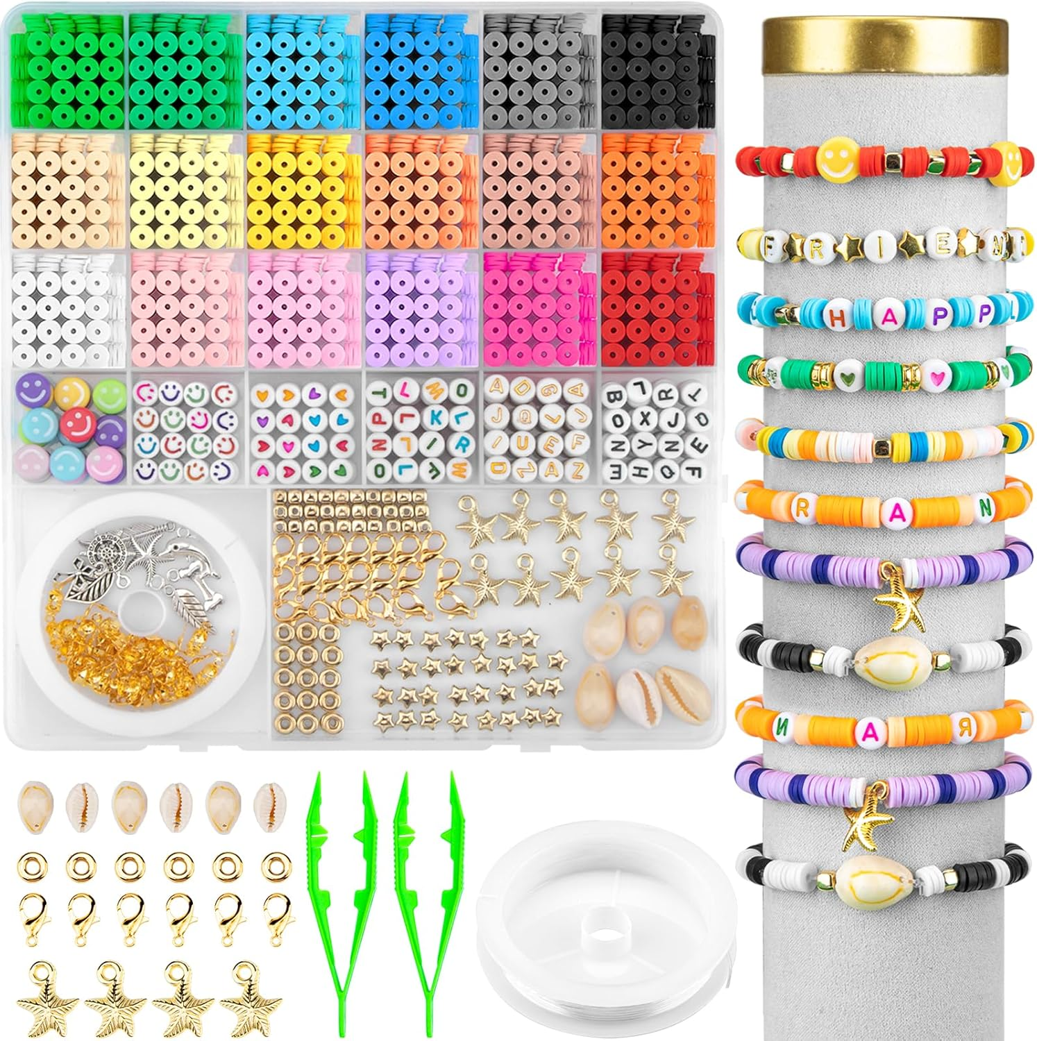 6000 PCS Clay Beads for Bracelet Making,24 Colors 6Mm Flat round Polymer Clay Beads with Pendant Charms Kit Letter Beads and Elastic Strings for Jewelry Making Kit & Craft Supplies