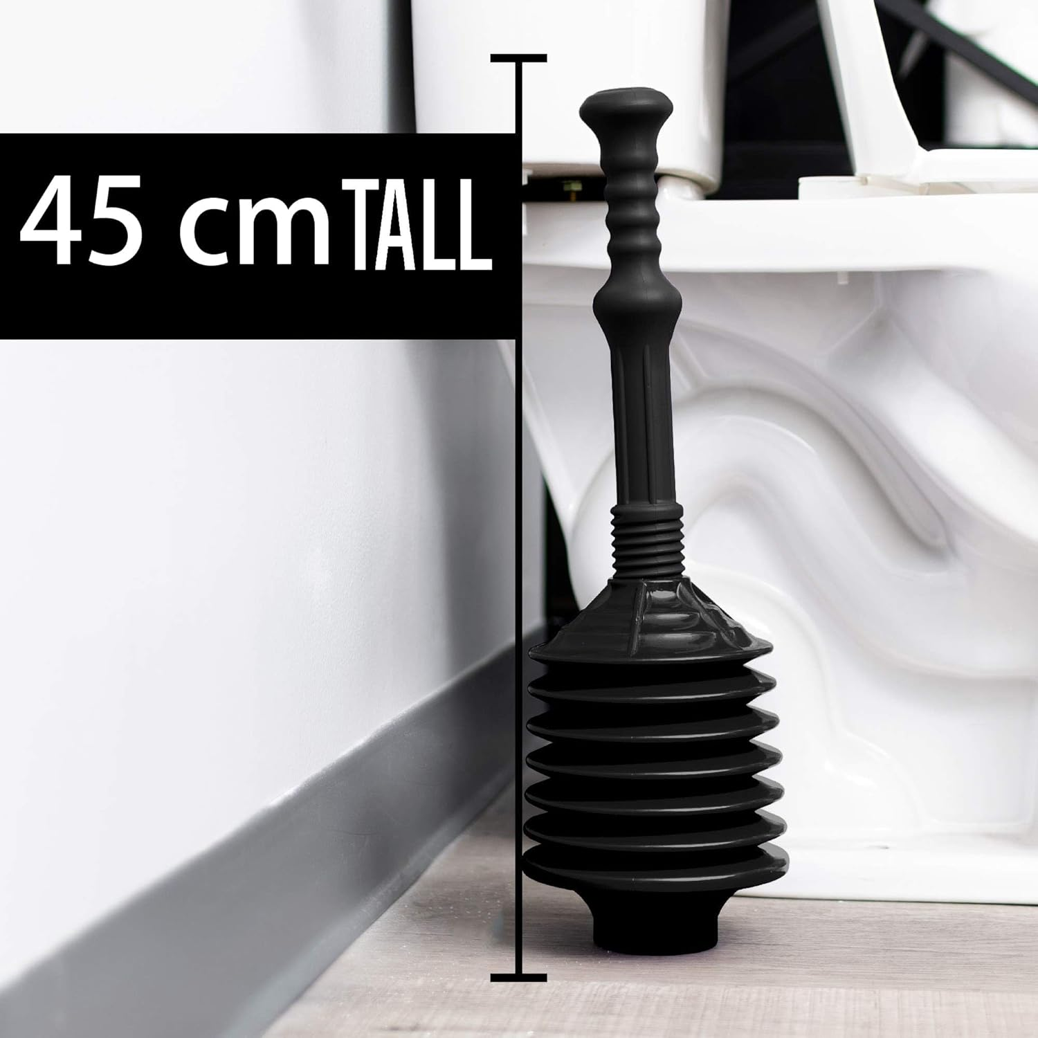 Professional Bellows Accordion Toilet Plunger, High Pressure Thrust Plunge Removes Heavy Duty Clogs from Clogged Bathroom Toilets, All Purpose Power Plungers for Bathrooms, Black image number 4