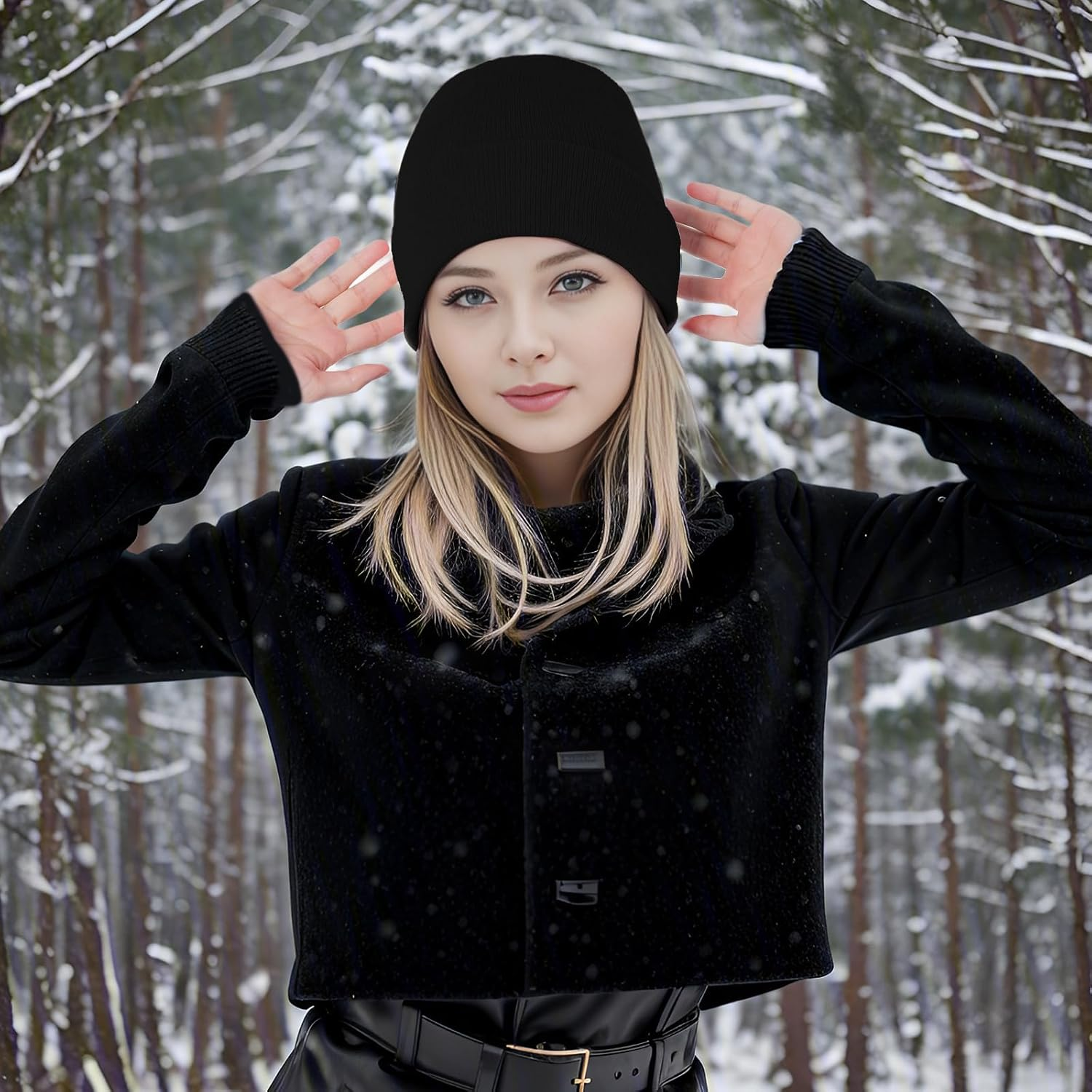 Fsfsdg Black Satin Lined Beanie Warm Soft Knit Beanie Hat for Men Women Winter