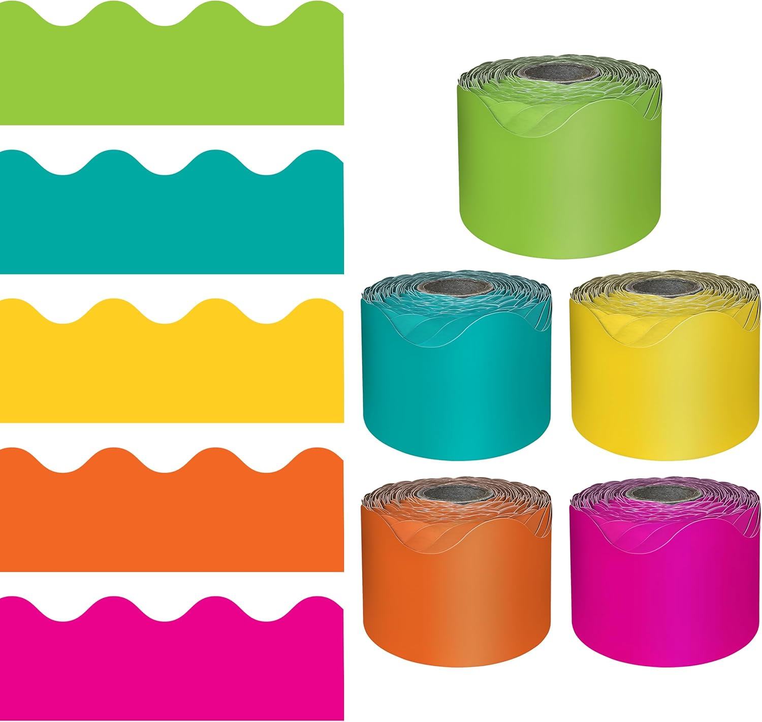 Carson Dellosa 5 Rolls of 325 Ft Scalloped Bulletin Board Borders, Orange, Yellow, Lime Green, Hot Pink, Teal Classroom Borders for Bulletin Board & Classroom D&eacute;cor, 65 Ft per Bulletin Board Trim Roll