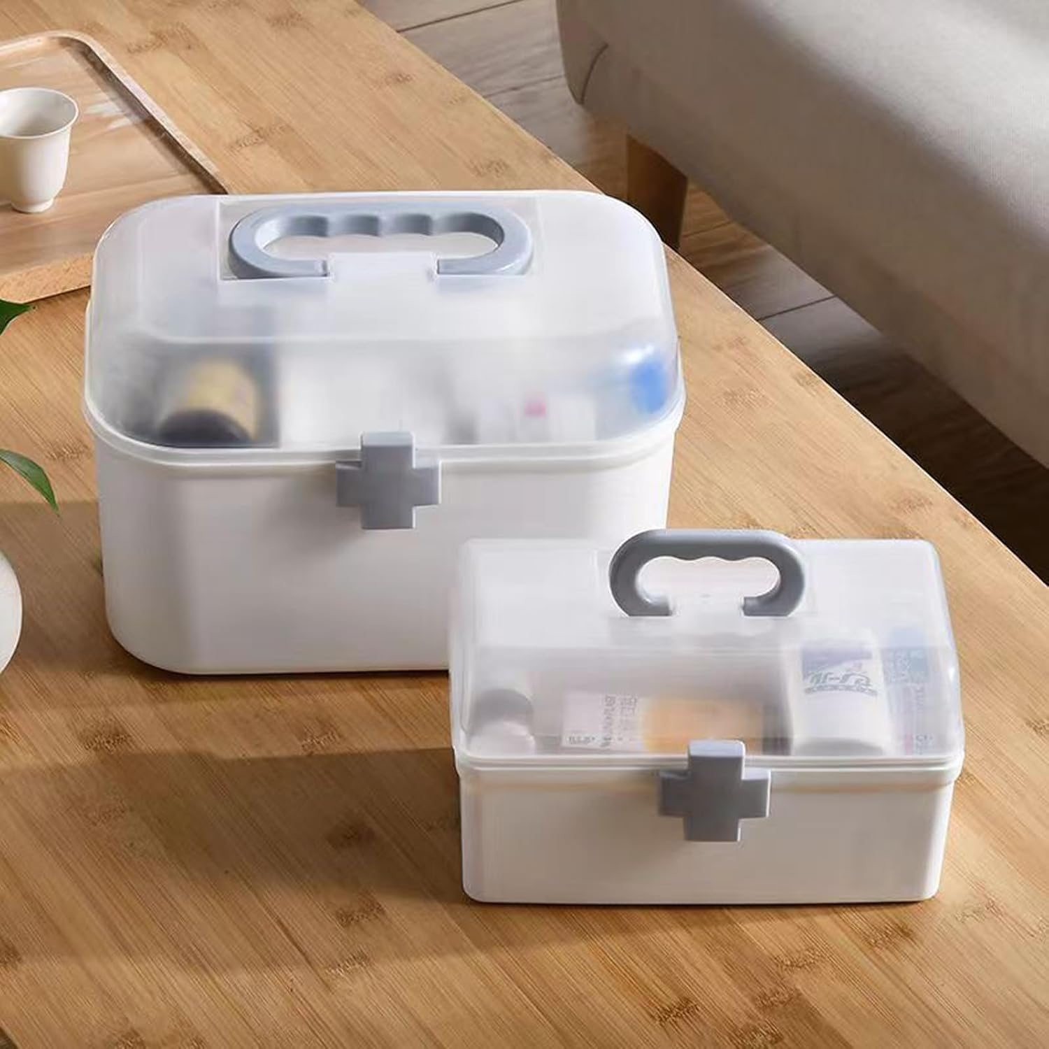 2 Layers Plastic First Aid Box with Portable Handle,Emergency Medicine Kit Case Organizer for Family,Empty Medicine Box for Home Large Capacity Medicine Storage Bins with Lid（12 * 12 * 21Cm） image number 4