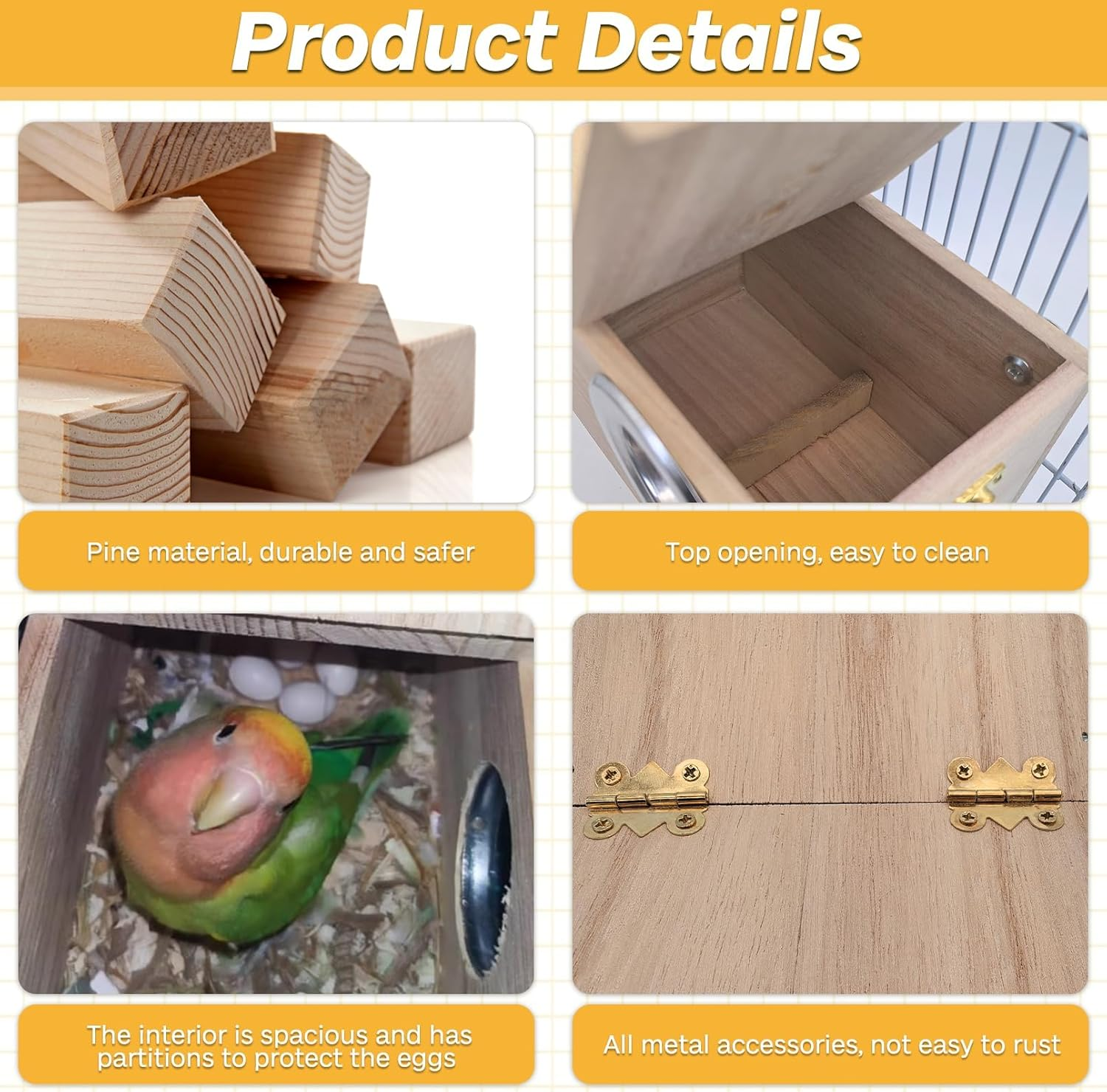 PIVBY Bird Nests Box for Cages Parakeet Breeding Box Wood Budgie House for Lovebirds Cockatiel Parrot Mating Aviary Box (L) image number 2