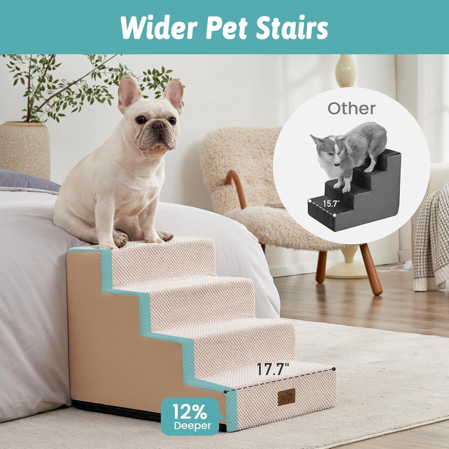 Cozy KISS Dog Stairs for Small Dogs, 4 Tier Wider Pet Stairs for Couch and Beds, 45 Cm Non-Slip Dog Steps for Old Cats, Puppy, Small Medium Dogs,45X60X45 Cm, Beige image number 5
