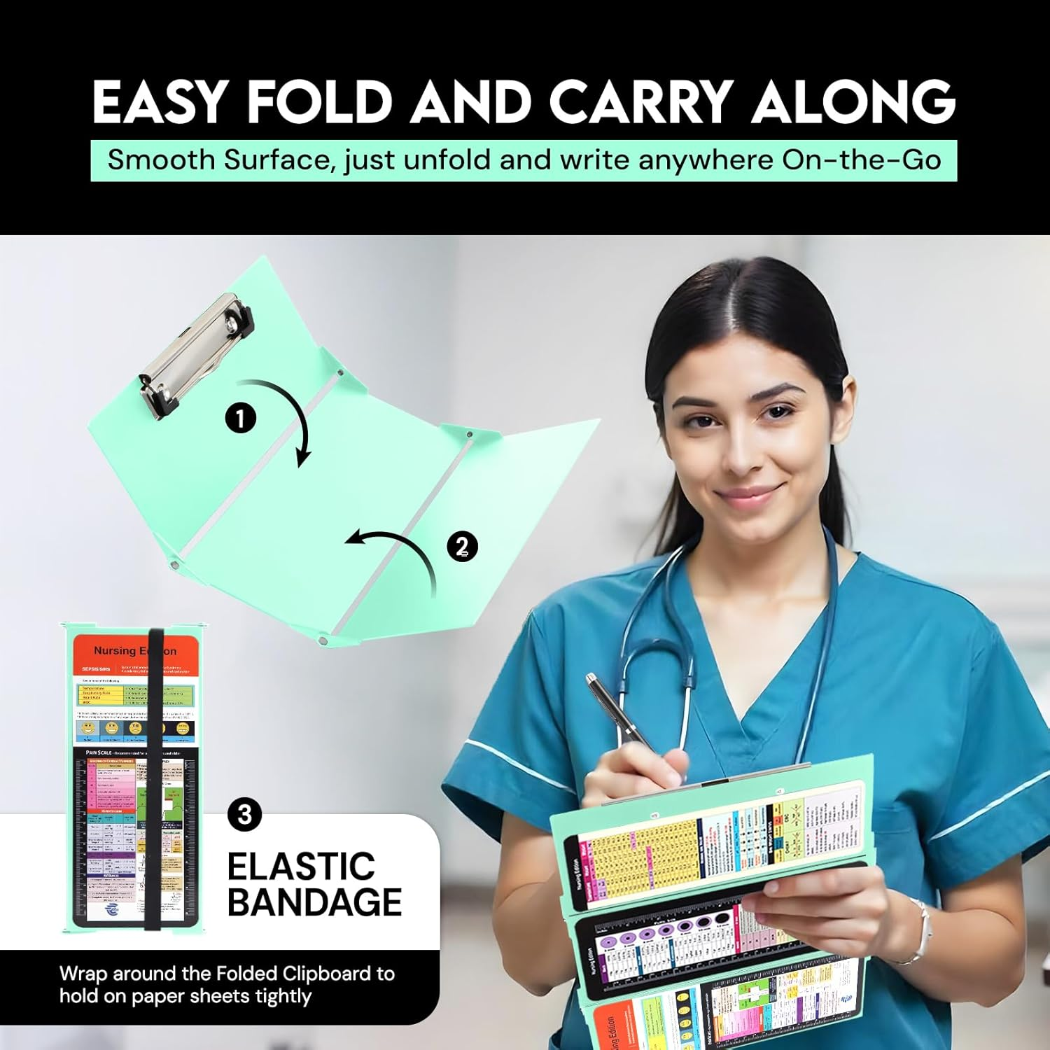 Nursing Clipboard with Nursing and Medical Edition Cheat Sheets 3 Layers Aluminum Foldable Nurse Clip Boards Notepad for Students, Nurses and Doctors (Mint) image number 4