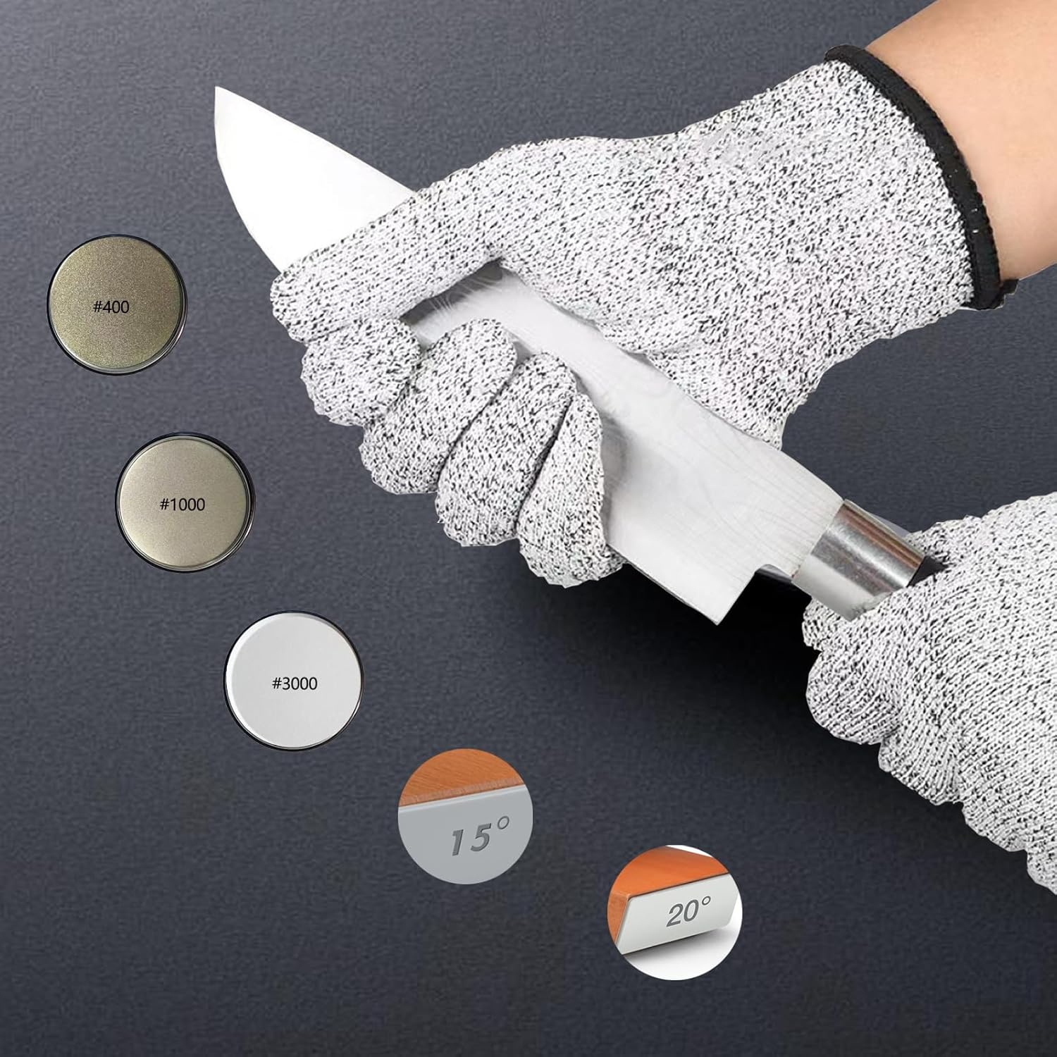 Rolling Knife Sharpener Set, Precision Grinding with 400-1000-3000 Grit Grinding Wheels, 15&deg;/20&deg; Magnetic Base, Cut-Resistant Gloves for Kitchen & Camping Chef Knives, Family, Father - Natural Color image number 3