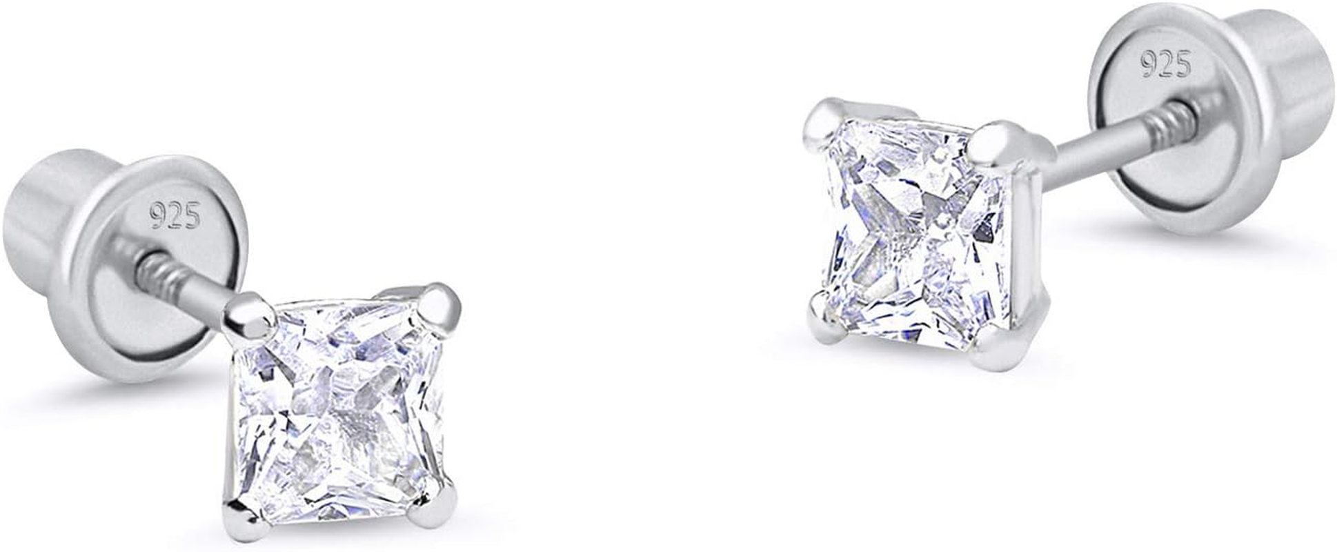 925 Sterling Silver Rhodium Plated 3,4,5Mm Princess Cut Cubic Zirconia Screwback Baby Girls Earrings image number 4
