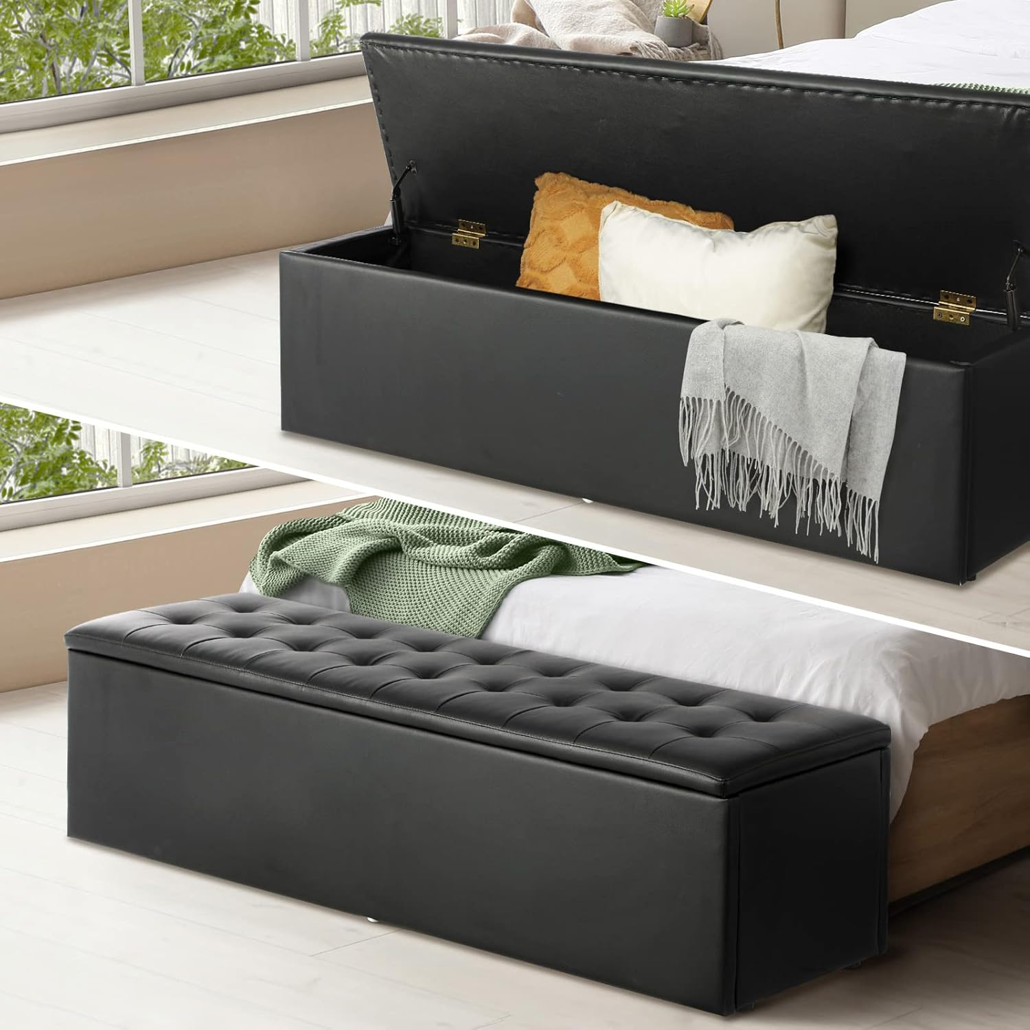 Oikiture 118.5Cm Ottoman Storage Blanket Box Linen Fabric Beige