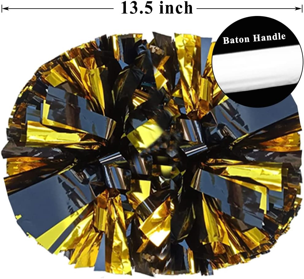 4 Pack Cheerleading Pom Poms,Metallic Cheer Pom Poms with Training Baton Handle for Team Sport Spirit Squad Bulk Cheerleaders(Black and Gold) image number 3