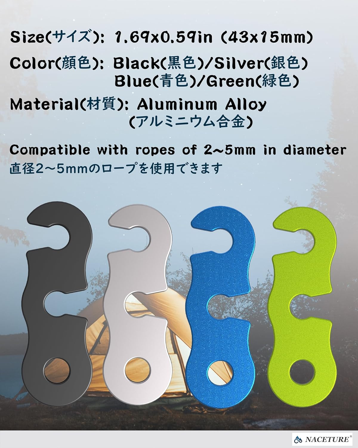 Rope Tensioner (10 Pack) Aluminum Alloy Camping Tent Guyline Cord Adjuster Camping of Gear for Camping, Hiking, Backpacking Ultralight Tent Stakes Guy Lines (Sliver 10 Pack) - Black image number 2