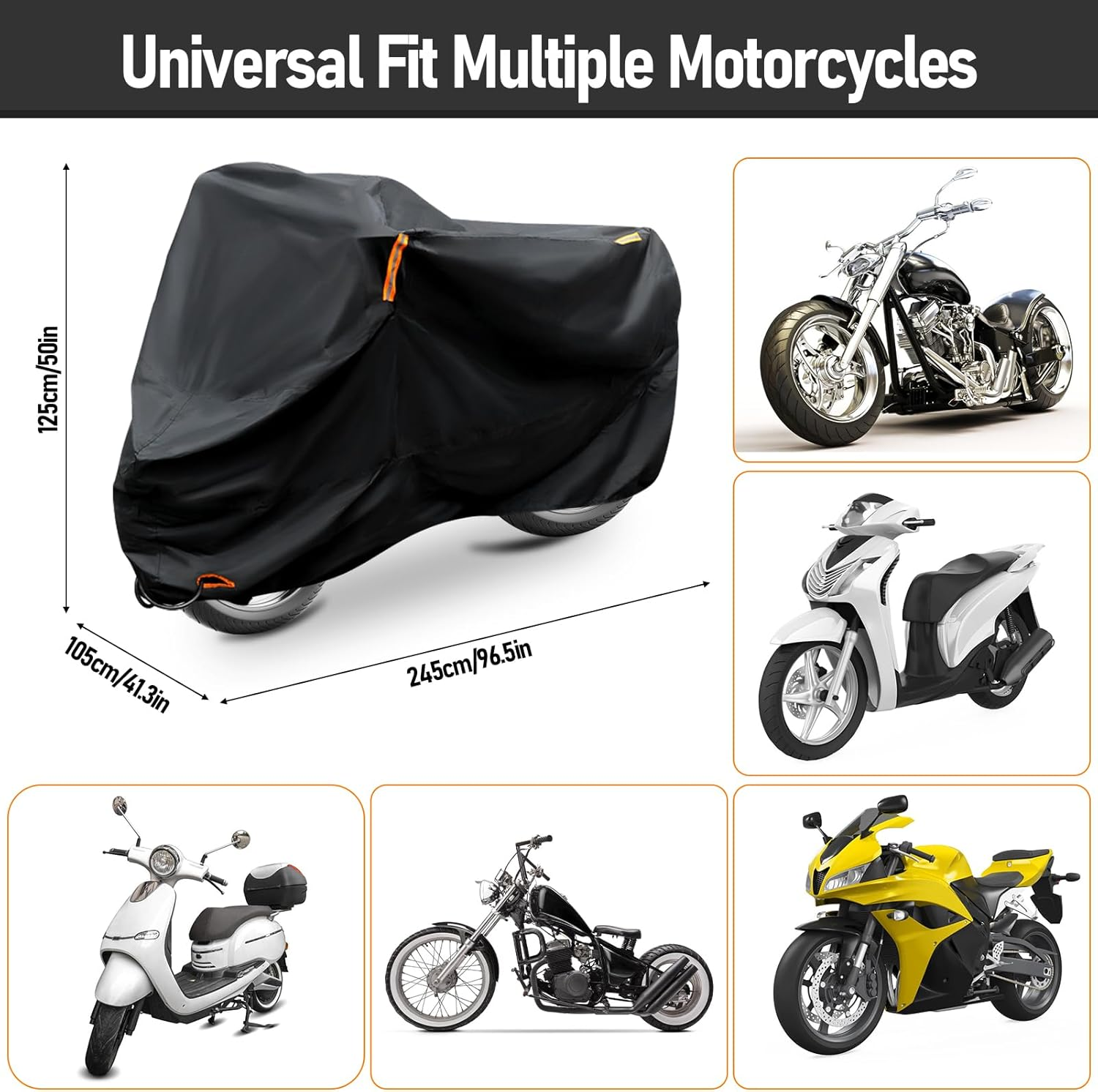 Motorcycle Cover Waterproof, 420D All Season Outdoor Protection, Heavy Duty Motorcycle Cover with Reflective Tape and Lock Holes Vehicle Cover (Black, XL) image number 5