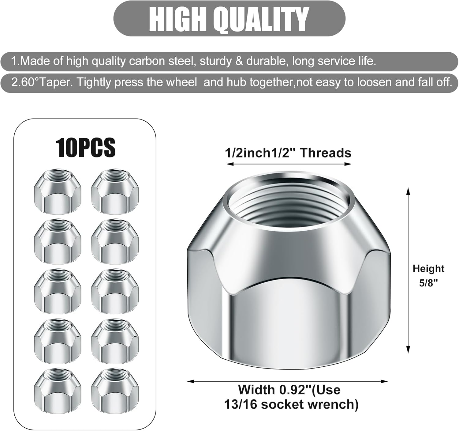 NQEUEPN Pack of 10 Tyre Nuts, 1/2-20 Inch Nut for Tyres, Trailer Wheel Nuts, Trailer Lug Nuts, Lug Nuts with Open End for Trailer Tyre Wheels image number 1