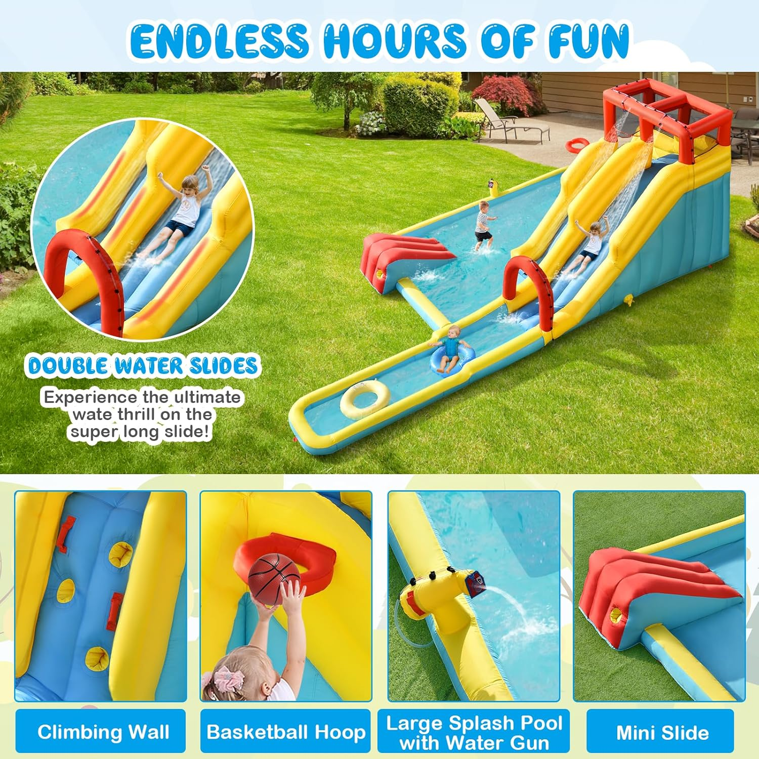 HONEY JOY Inflatable Water Slide, Outdoor Jumping Castle Splash Park with Sprinklers, Water Gun, Climbing Wall, Extra Long Slide & 2 Swimming Rings, Blow-Up Water Park for Yard (Without Blower) image number 1