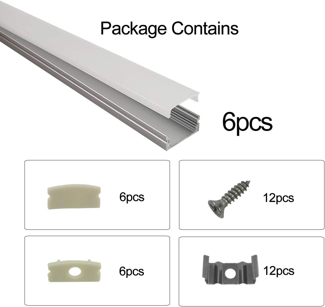 HAMRVL 6-Pack 30Cm/1Ft 17.2X7Mm Led Aluminum Channel System U Shape with Cover, Led Strip Light Diffuser Track with White End Caps and Mounting Clips Accessories for under Counter Light Fixture