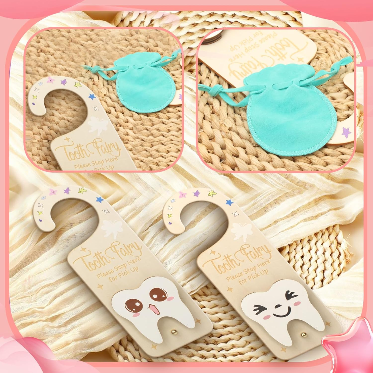 2 PCS Tooth Fairy Tooth Holder, Room Decor Tooth Fairy Door Hanger with Money Slot, Keepsake Bag & Elegant Patterns for Lost Teeth, Encourage Gift for Boys & Girls Milk Teeth image number 6