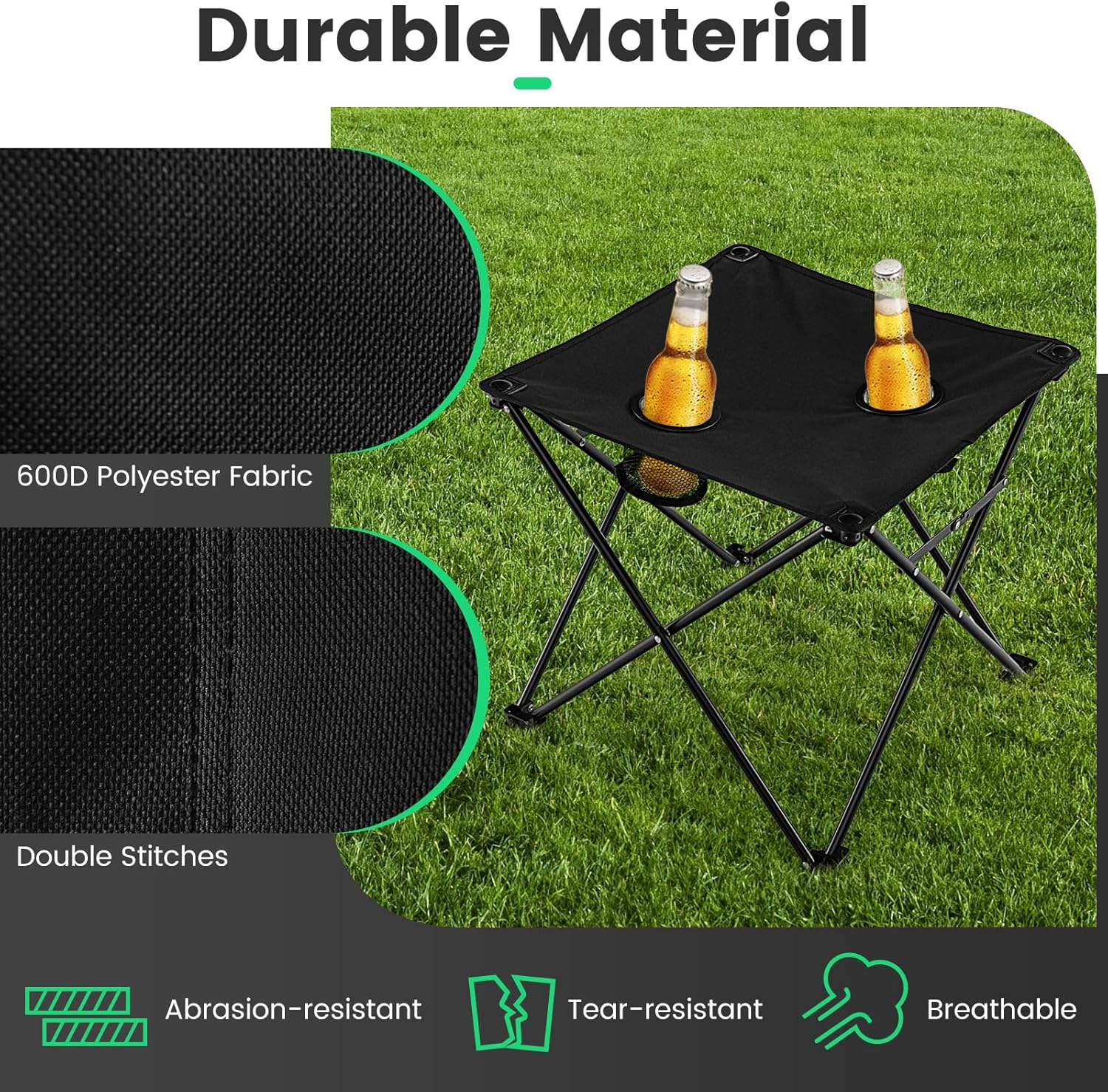 Costway Folding Camping Chair Set of 3, Portable Lawn Chair & Side Table W/ 2 Cup Holders, Storage Pockets, Carrying Bag, Oversized Camping Chair with Table for Fishing, Hiking, Picnic, BBQ, Black image number 6